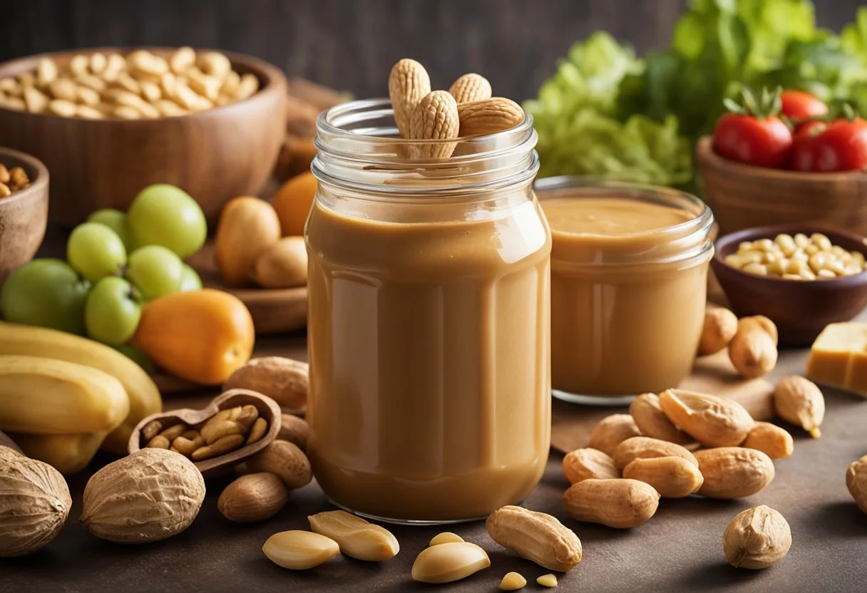 A jar of peanut butter surrounded by various healthy foods. A body with arrows pointing to different organs, showing positive effects of daily peanut butter consumption