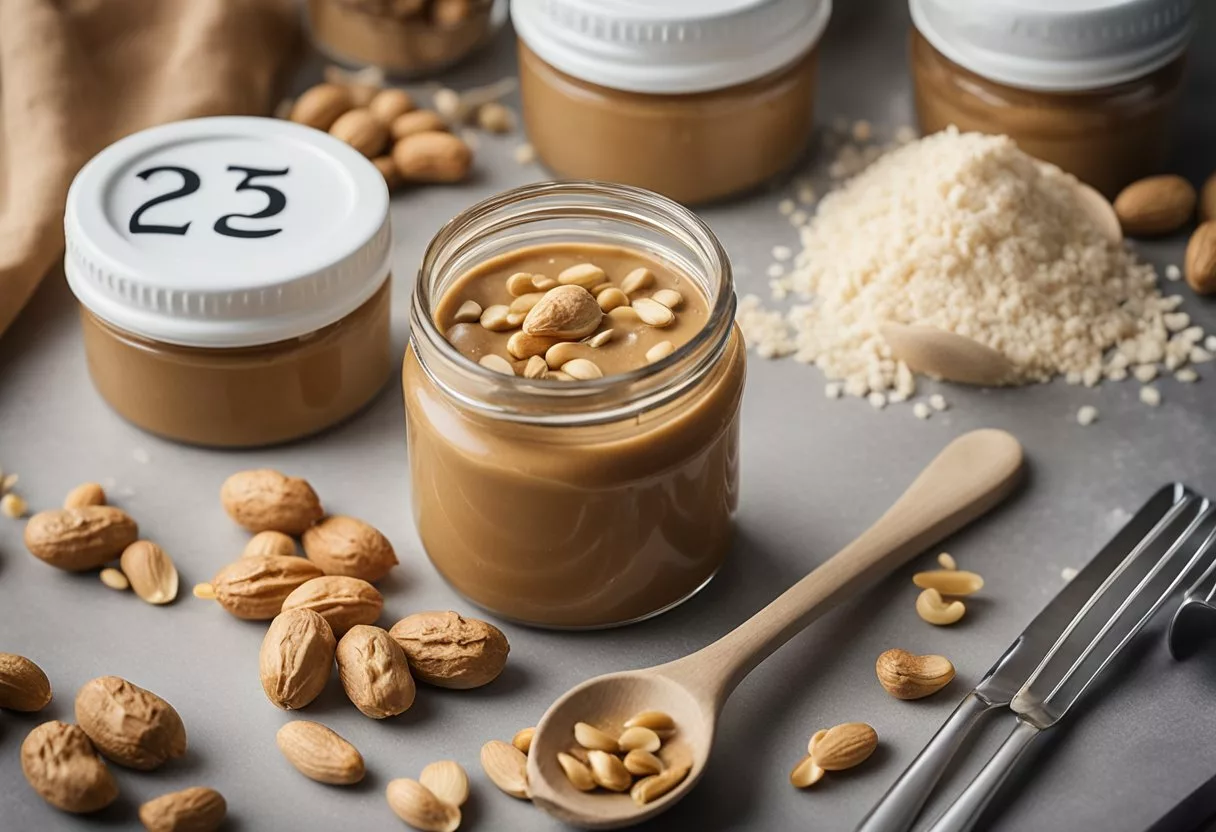 A jar of peanut butter sits open on a kitchen counter, surrounded by empty spoons and crumbs. A daily calendar hangs on the wall, with each day crossed off