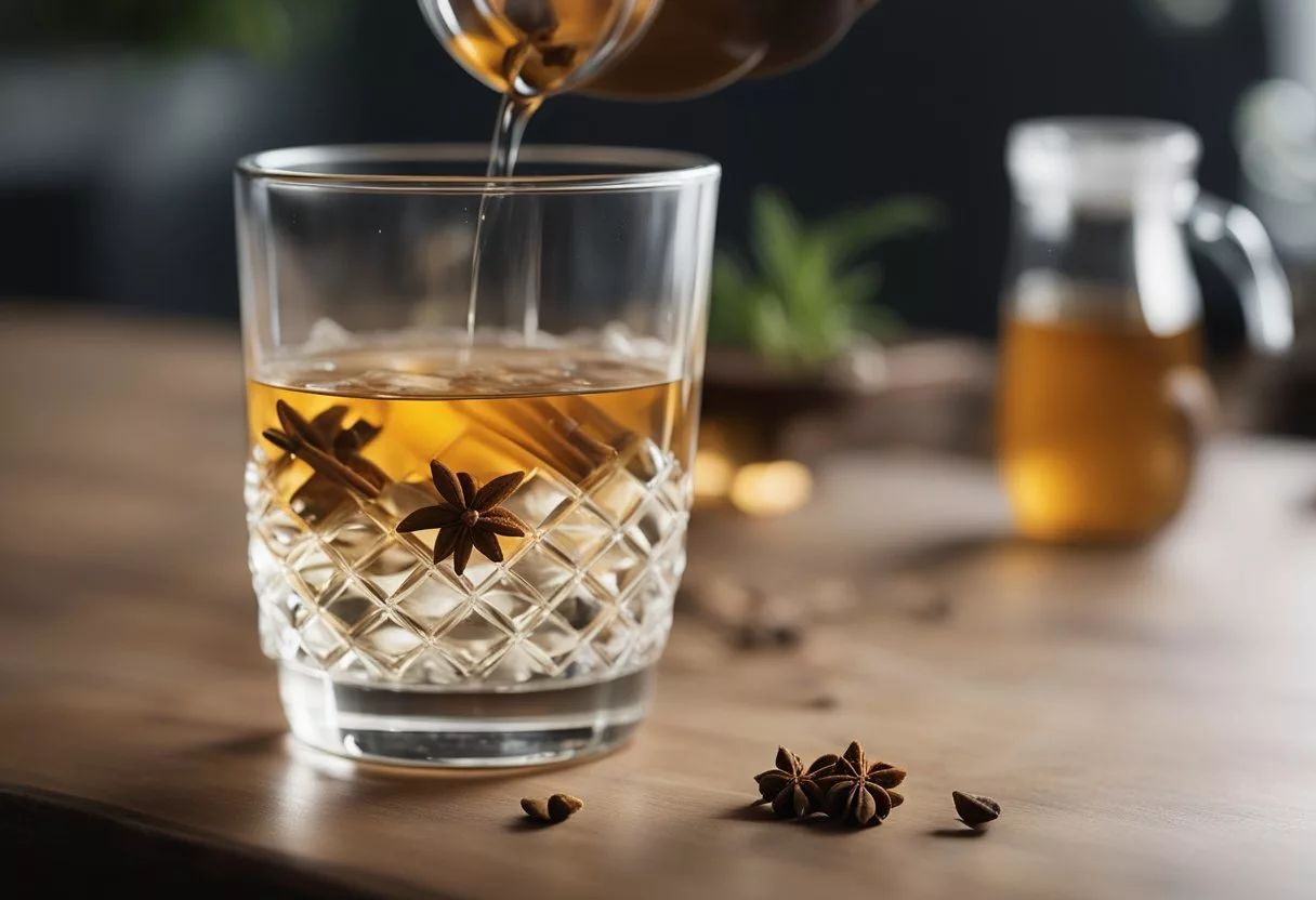 A glass of clove water sits on a table. Nutritional information hovers above, showing changes in the body with daily consumption