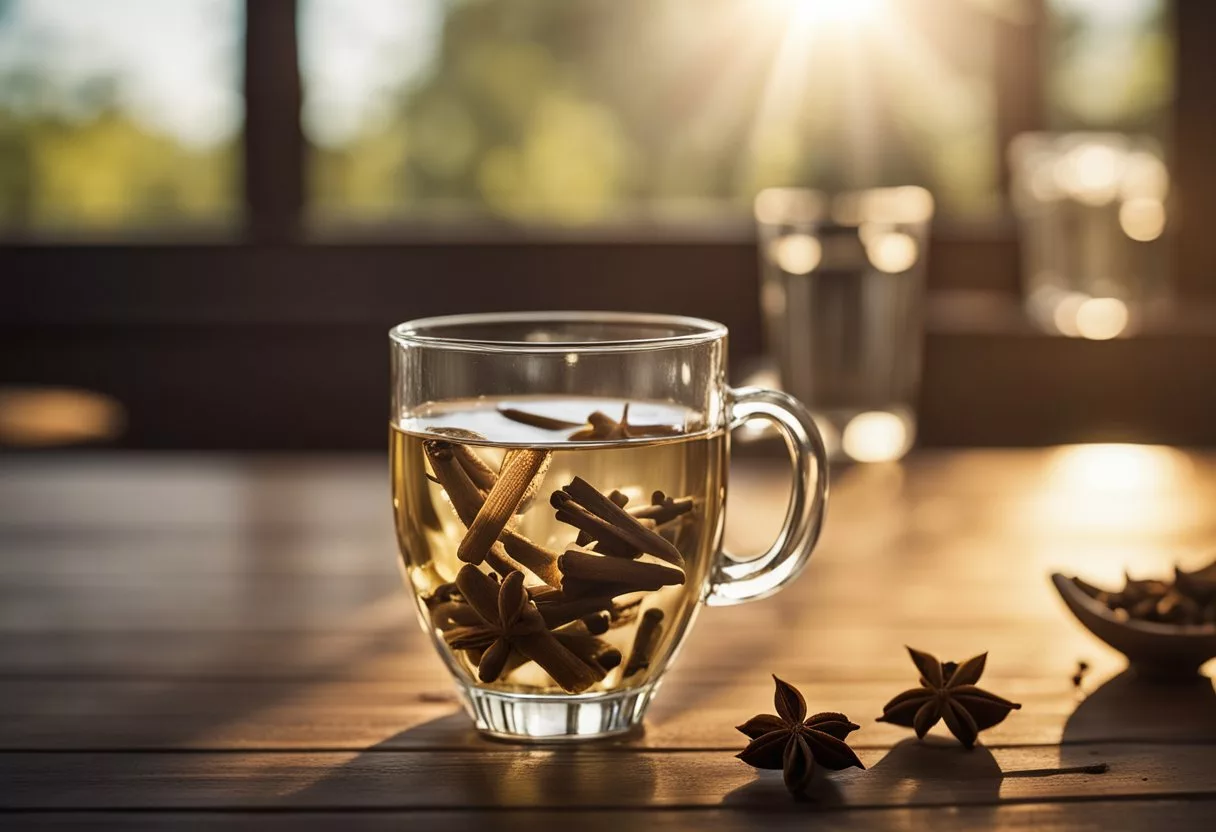 A glass of clove water sits on a wooden table, surrounded by fresh cloves and a pitcher of water. Sunlight streams in through a nearby window, casting a warm glow over the scene