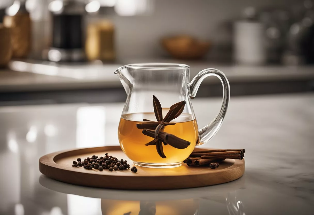 A glass of clove water sits on a kitchen counter, surrounded by fresh cloves and a water pitcher. The steam rises from the glass, creating a warm and inviting atmosphere