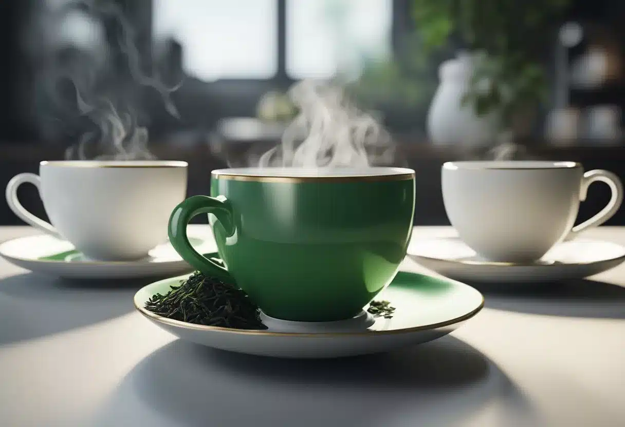 Three tea cups labeled black, green, and white. Steam rises from each cup, surrounded by loose tea leaves. A comparison chart with health benefits and potential side effects is displayed next to the cups