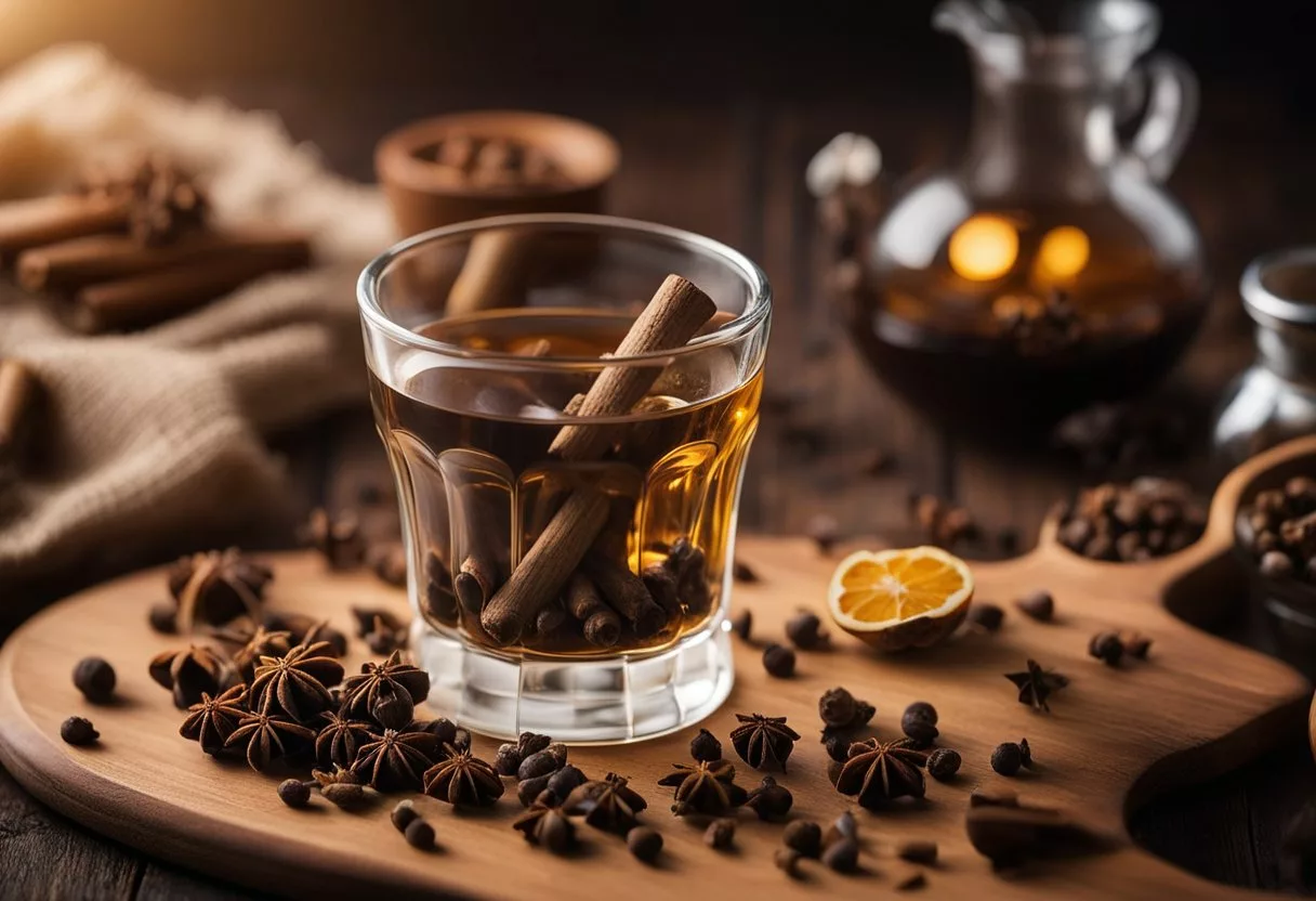 A glass of clove water sits on a wooden table, surrounded by fresh cloves and a mortar and pestle. The steam rises from the glass, filling the air with the aroma of cloves