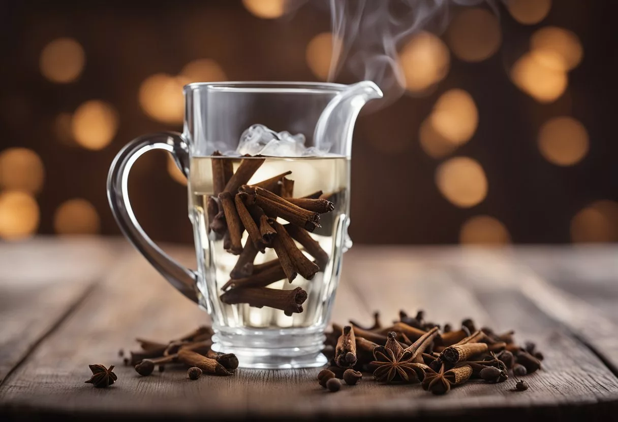 A glass of clove water sits on a wooden table, steam rising from the surface. A pile of clove buds and a water pitcher are nearby