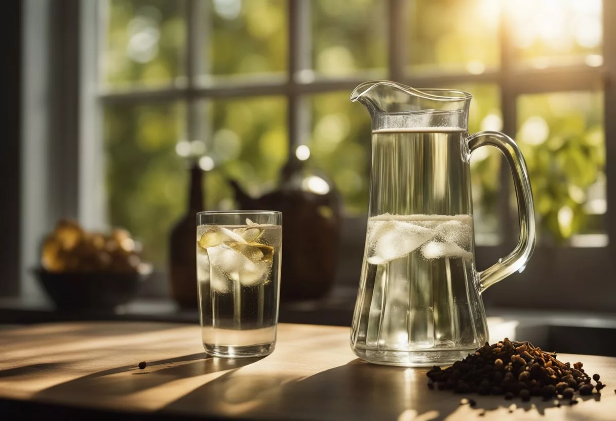 A glass of clove water sits on a table. A bottle of cloves and a pitcher of water are nearby. The sunlight filters through the window, casting a warm glow on the scene