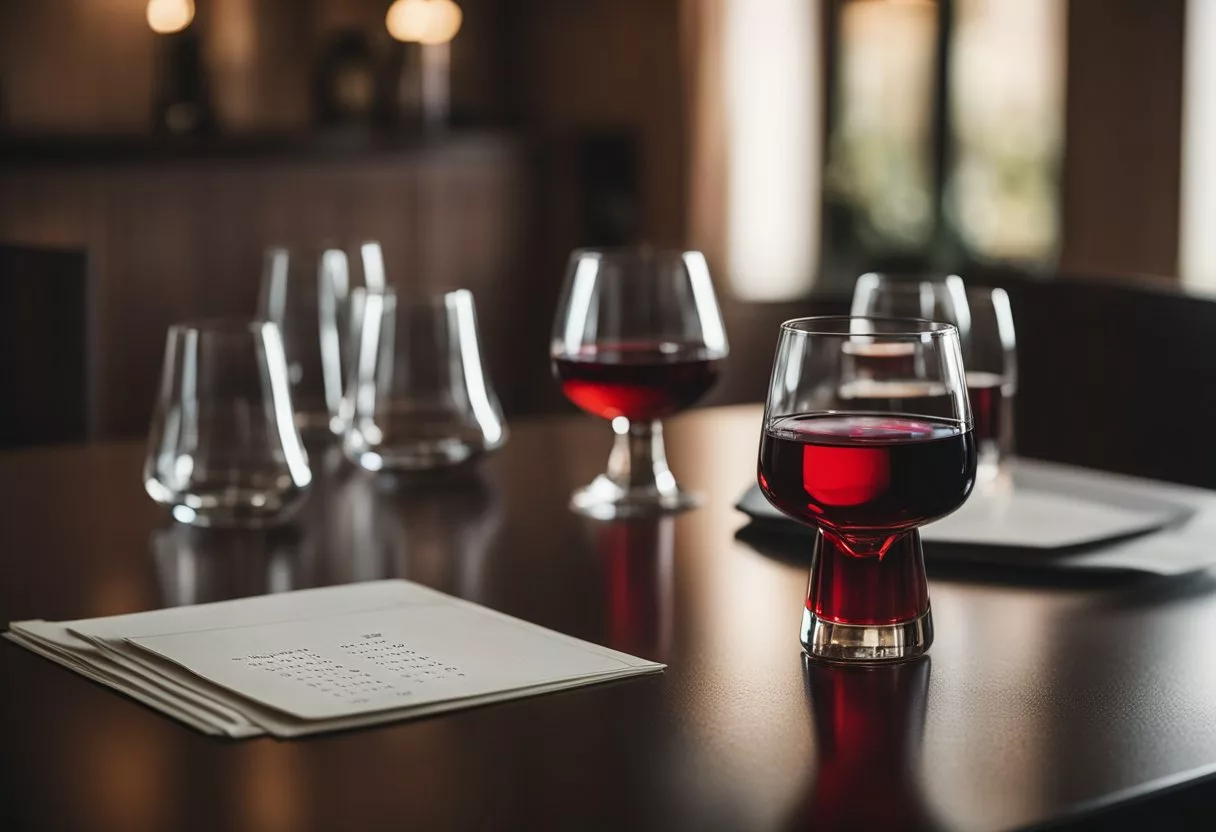 A wine glass sits on a table, surrounded by empty bottles. A calendar shows everyday crossed off. The glass is filled with red liquid, reflecting the dim light of the room