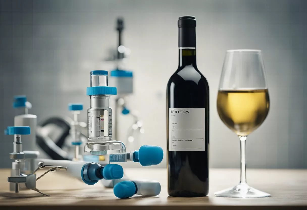 A wine bottle surrounded by medical equipment and a chart showing deteriorating health markers