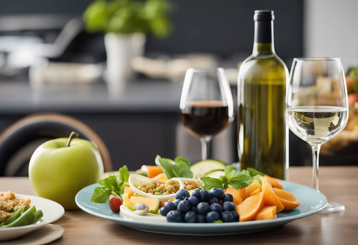 A wine bottle sitting next to a plate of healthy food, surrounded by exercise equipment and a water bottle