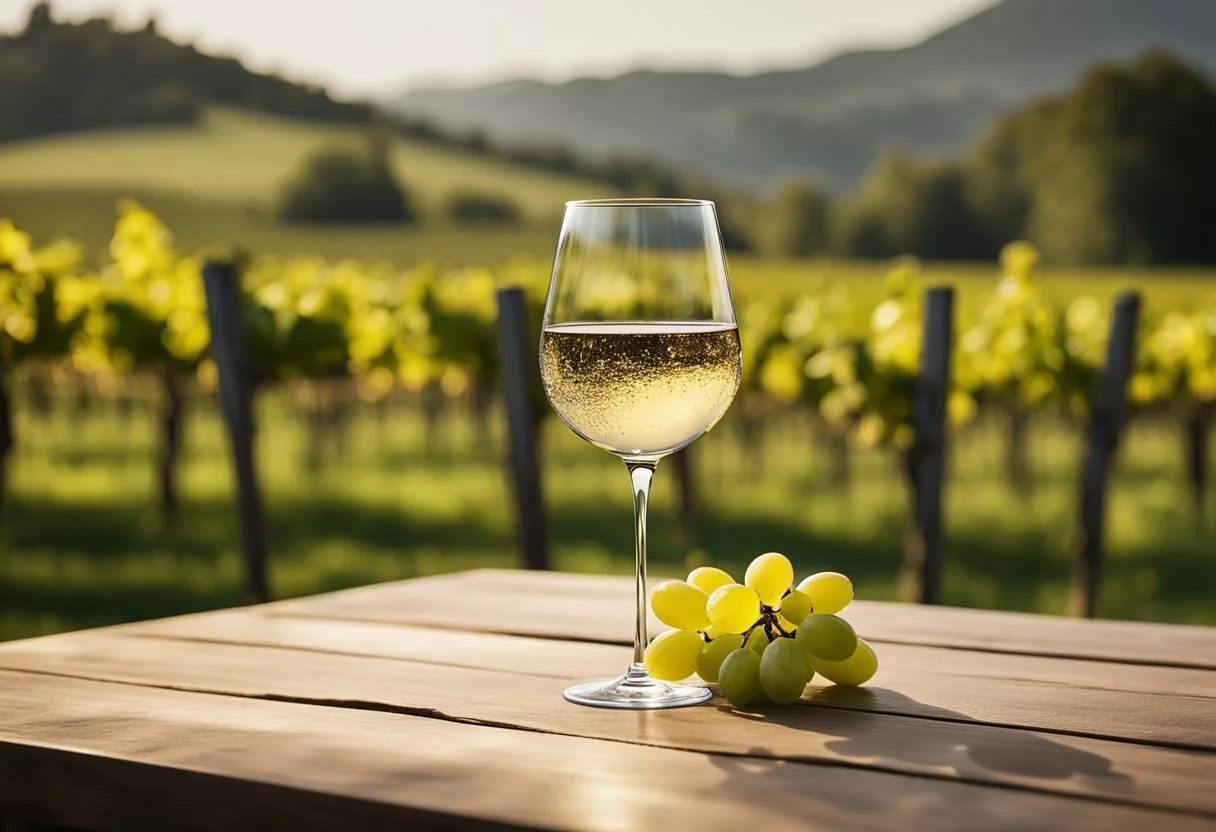 A glass of wine being poured into a crystal goblet, with a bottle and a wine glass on a table, surrounded by grapes and a vineyard in the background