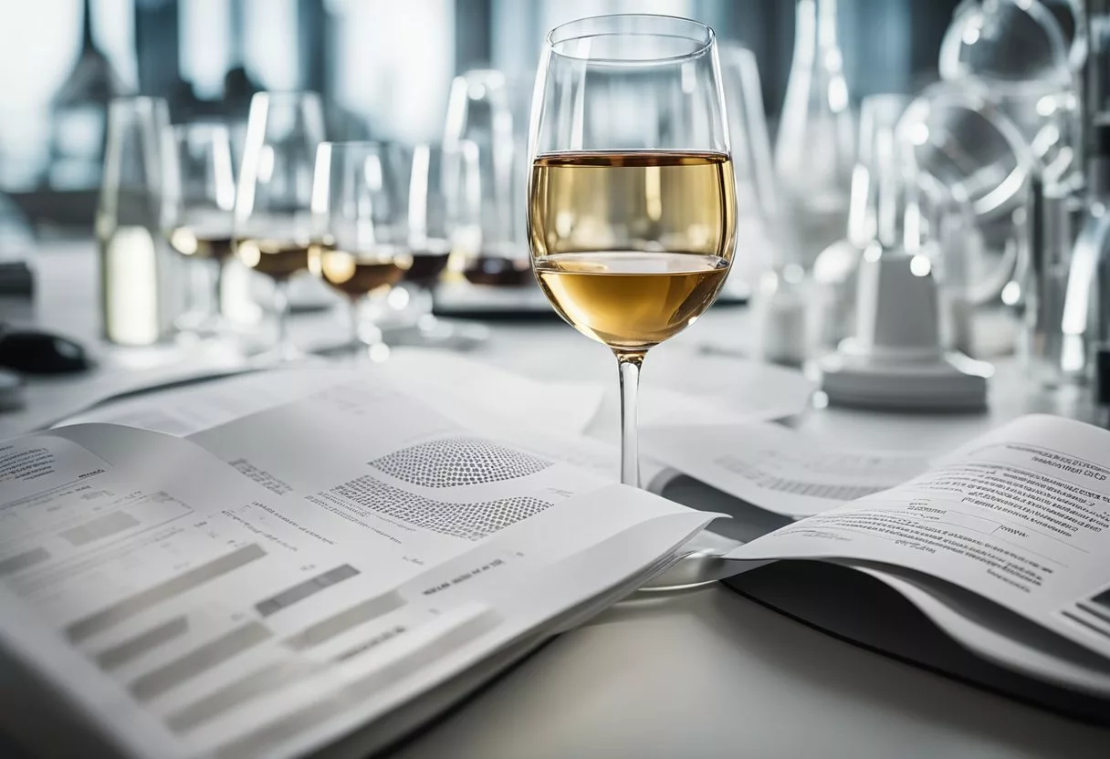 A wine glass sits on a table surrounded by scientific equipment and research papers. A chart displays the effects of daily wine consumption on the body