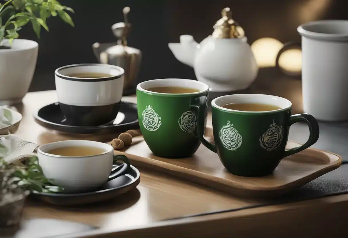 A table with three cups of tea: black, green, and white. Each cup is surrounded by symbols of their cultural origins and regional varieties