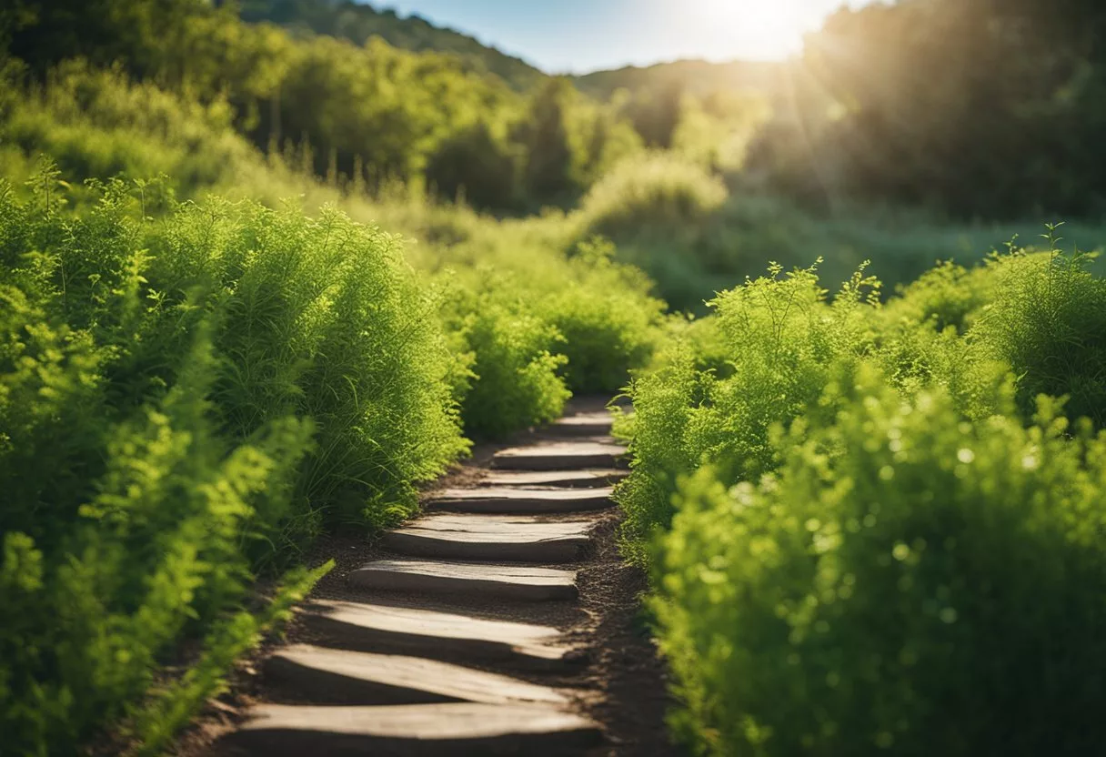 A path winds through a serene landscape, with vibrant greenery and a clear blue sky. The path is well-trodden, indicating regular use