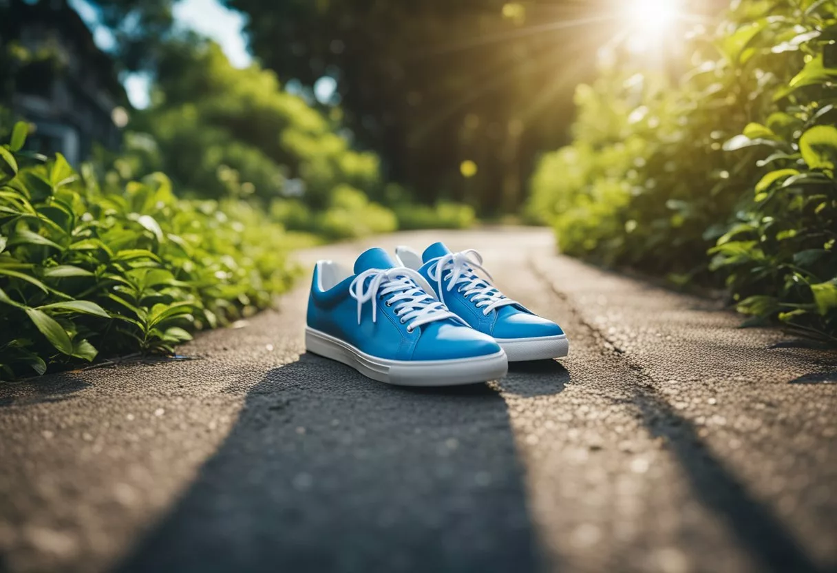 A pair of sneakers hitting the pavement, surrounded by lush greenery and a clear blue sky