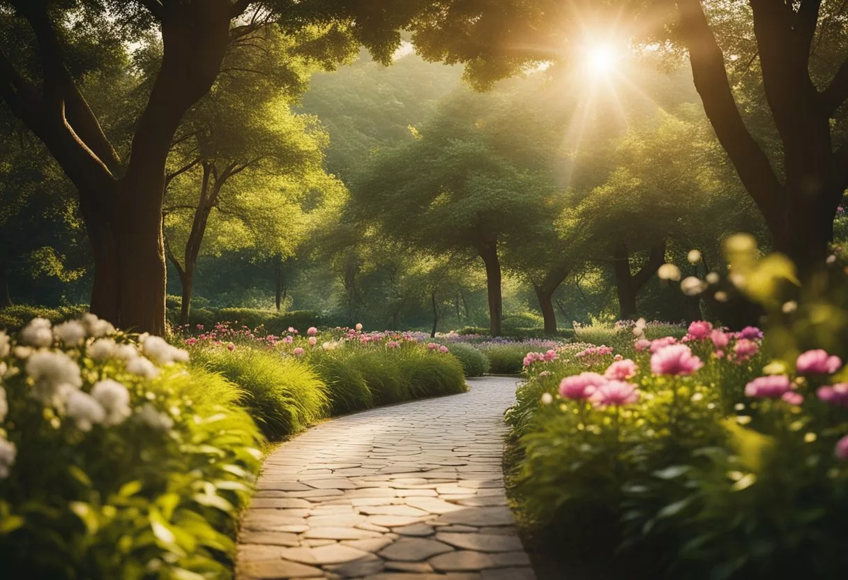 A serene park with a winding path, surrounded by lush greenery and vibrant flowers. The sun shines down, casting a warm glow on the scene