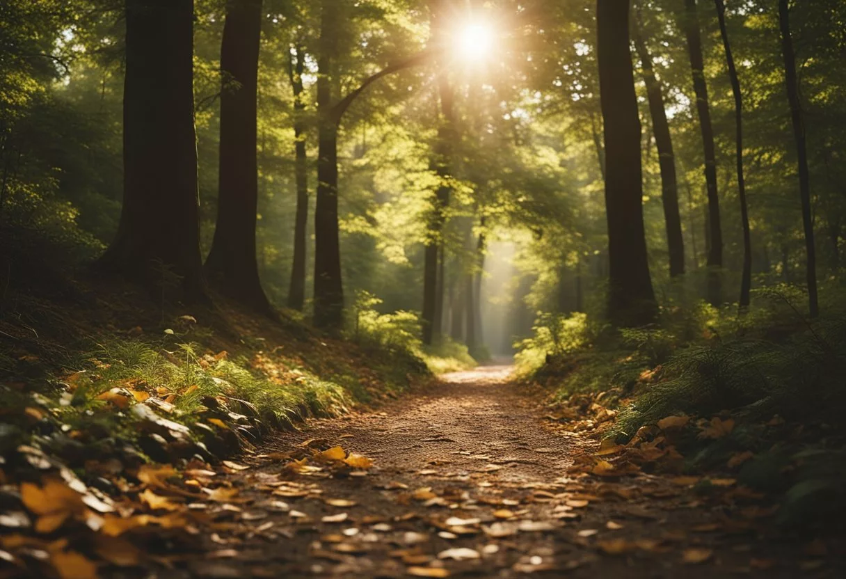 A serene path winds through a lush forest, with sunlight filtering through the trees. A pair of walking shoes sits at the edge of the trail, surrounded by fallen leaves and a peaceful atmosphere