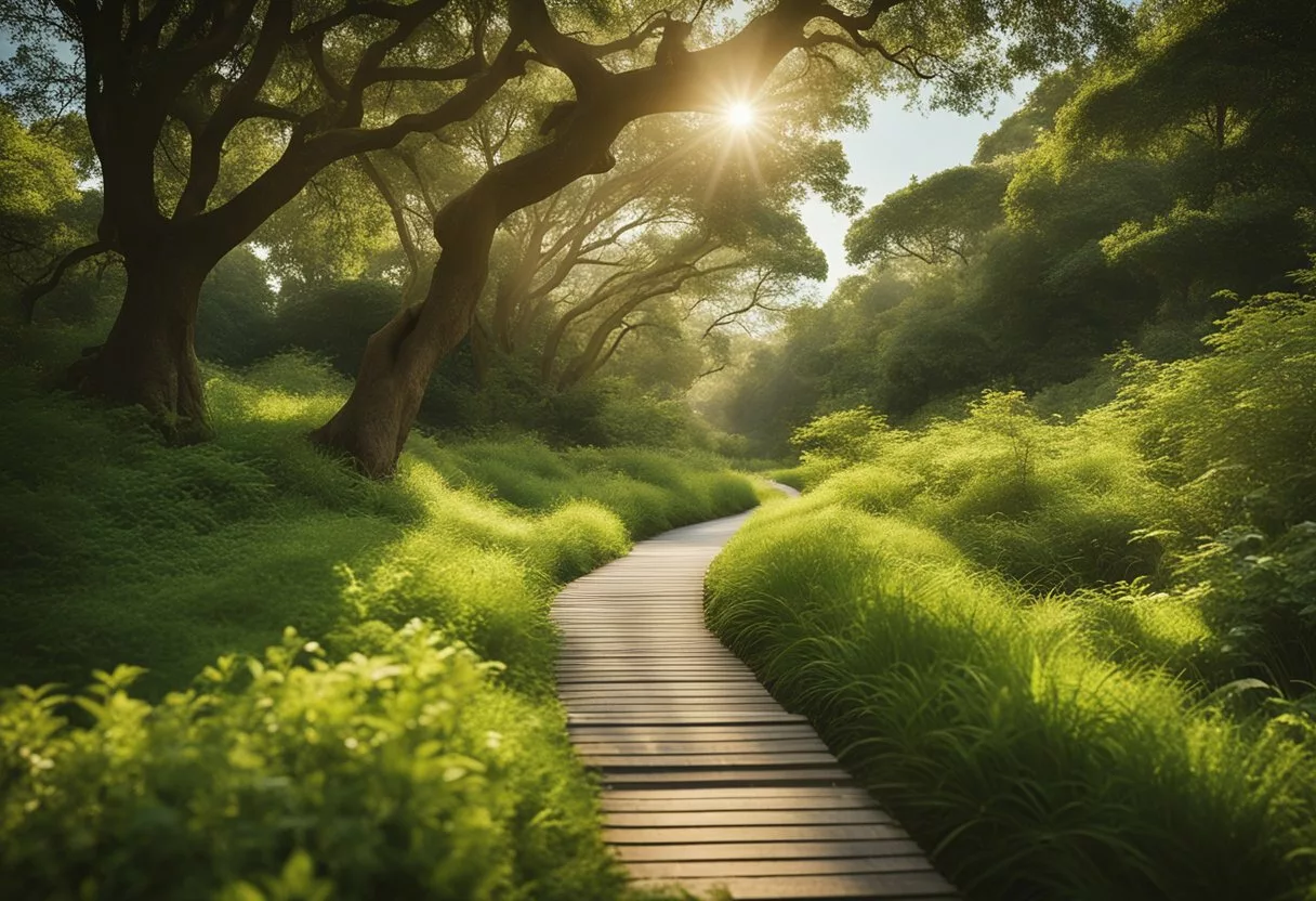 A serene landscape with a winding path through lush greenery, with a clear blue sky and gentle sunlight, showcasing the therapeutic effects of daily walking on mental health and emotional well-being