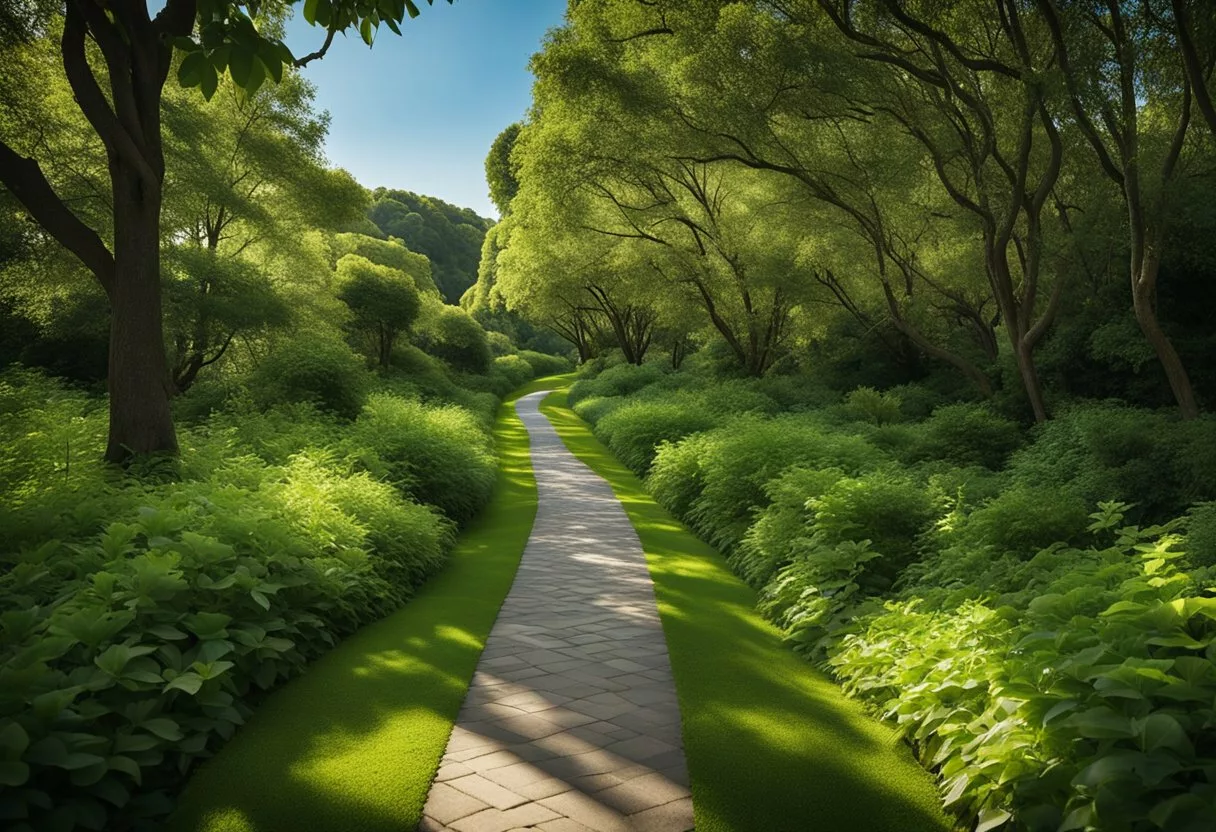 A serene path winds through lush greenery, with a clear blue sky overhead. The path stretches into the distance, inviting daily walkers to enjoy the benefits of improved health and longevity