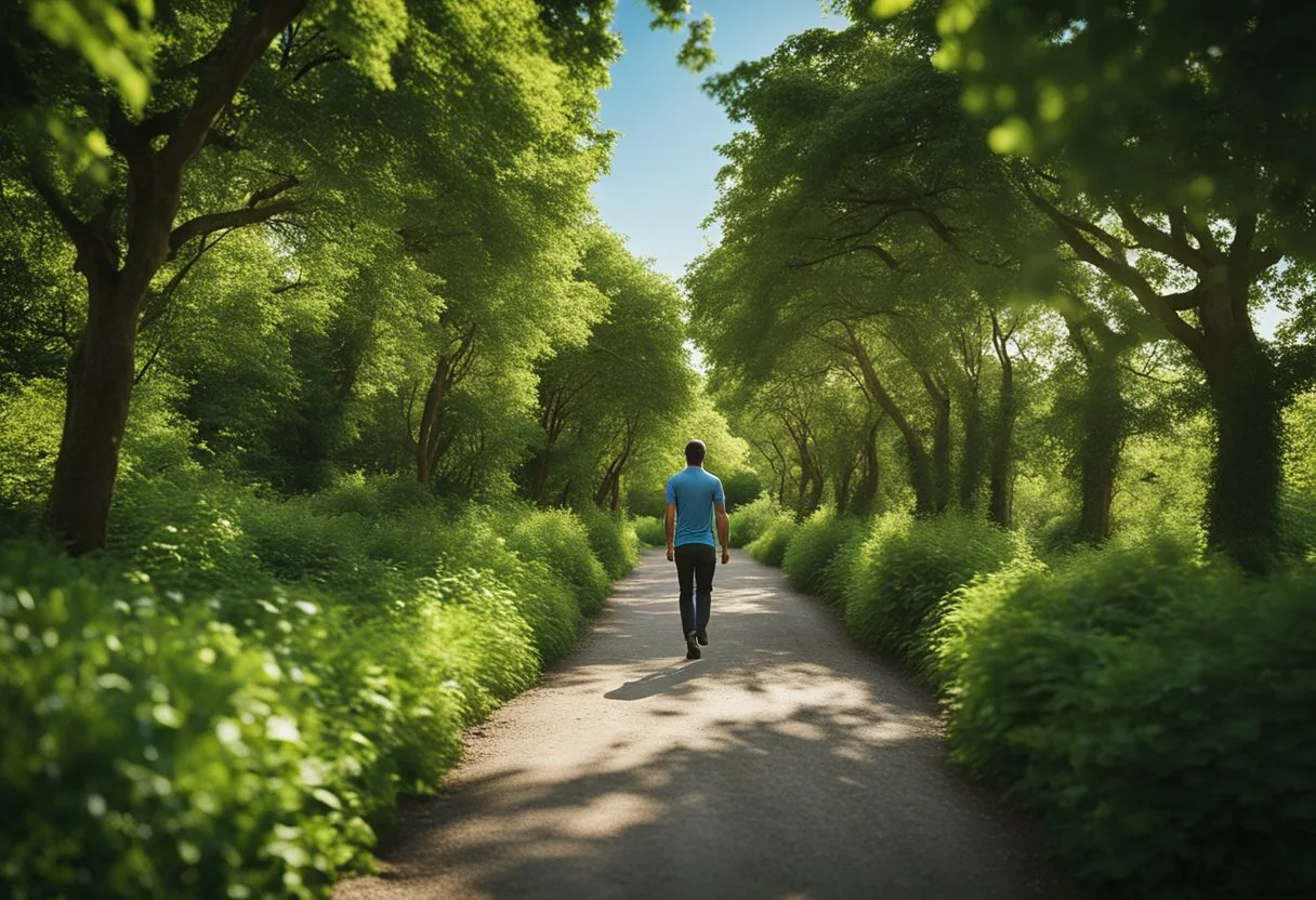 A scenic path winds through lush greenery, with a clear blue sky overhead. A person walks briskly, their body moving with purpose and energy