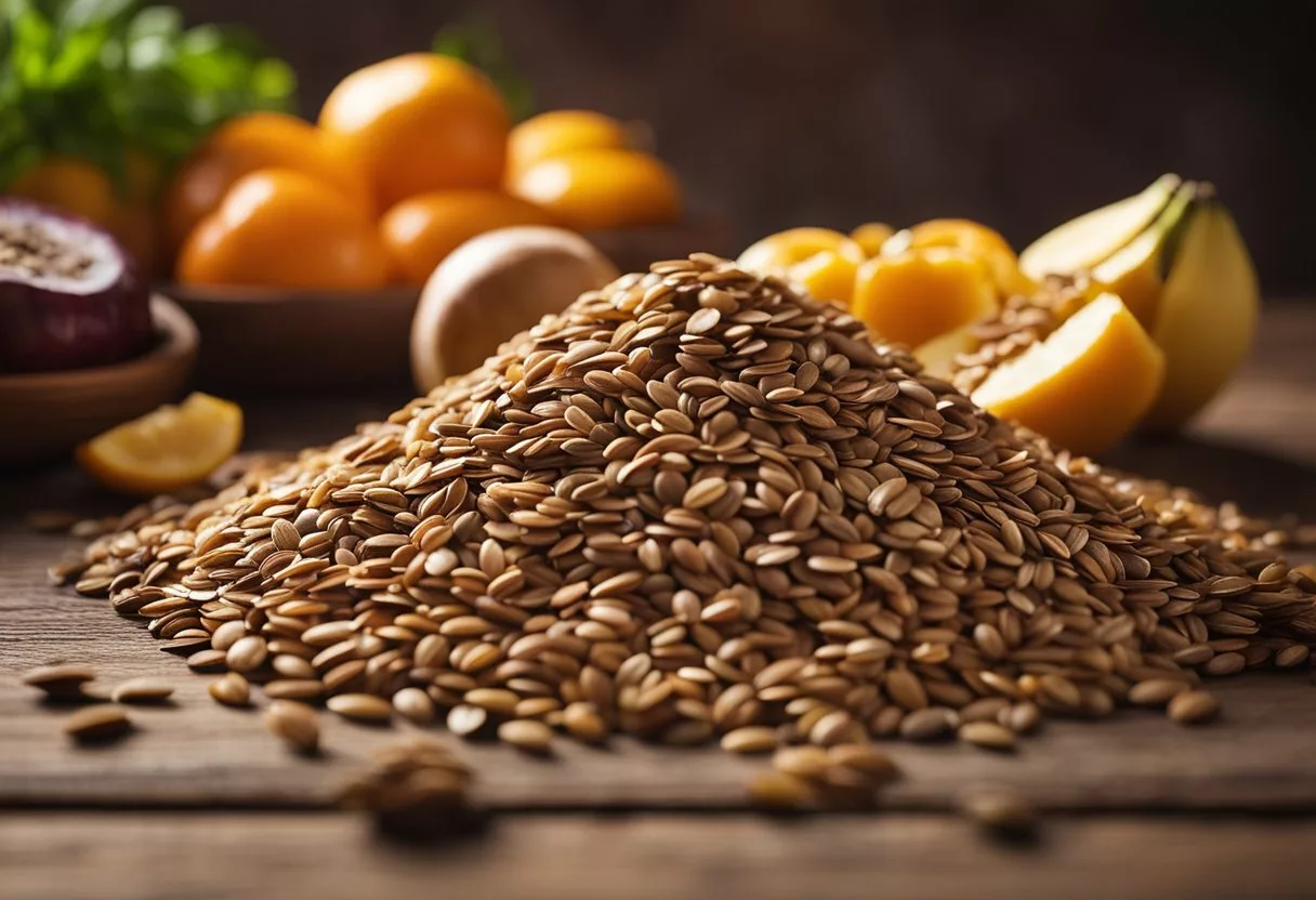 A pile of flaxseeds sits on a wooden table, surrounded by various fruits and vegetables. A beam of sunlight highlights the seeds, emphasizing their potential health benefits