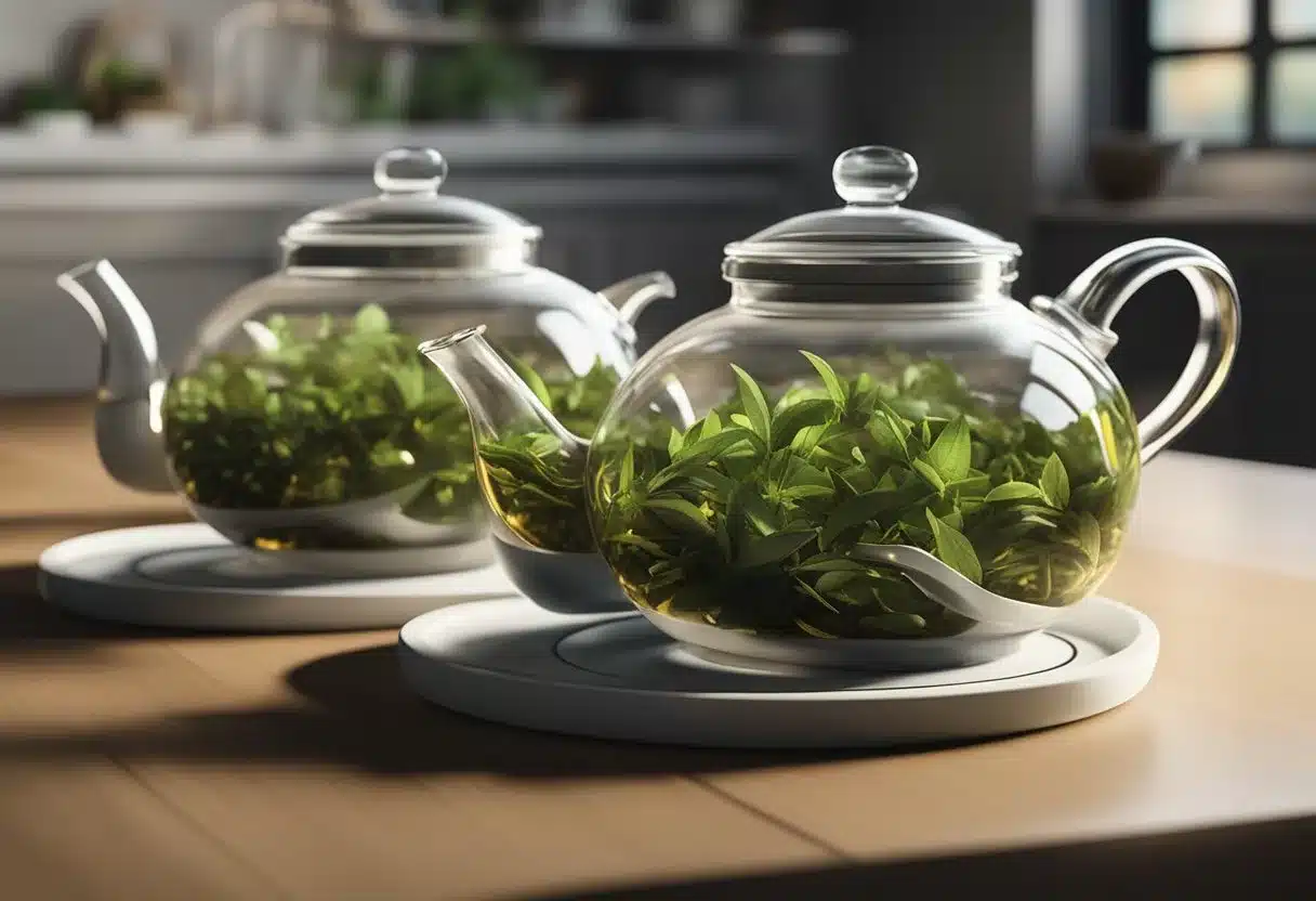 A table with three teapots, each labeled with "black tea," "green tea," and "white tea." Steam rises from each pot, and nearby are piles of loose tea leaves representing each type