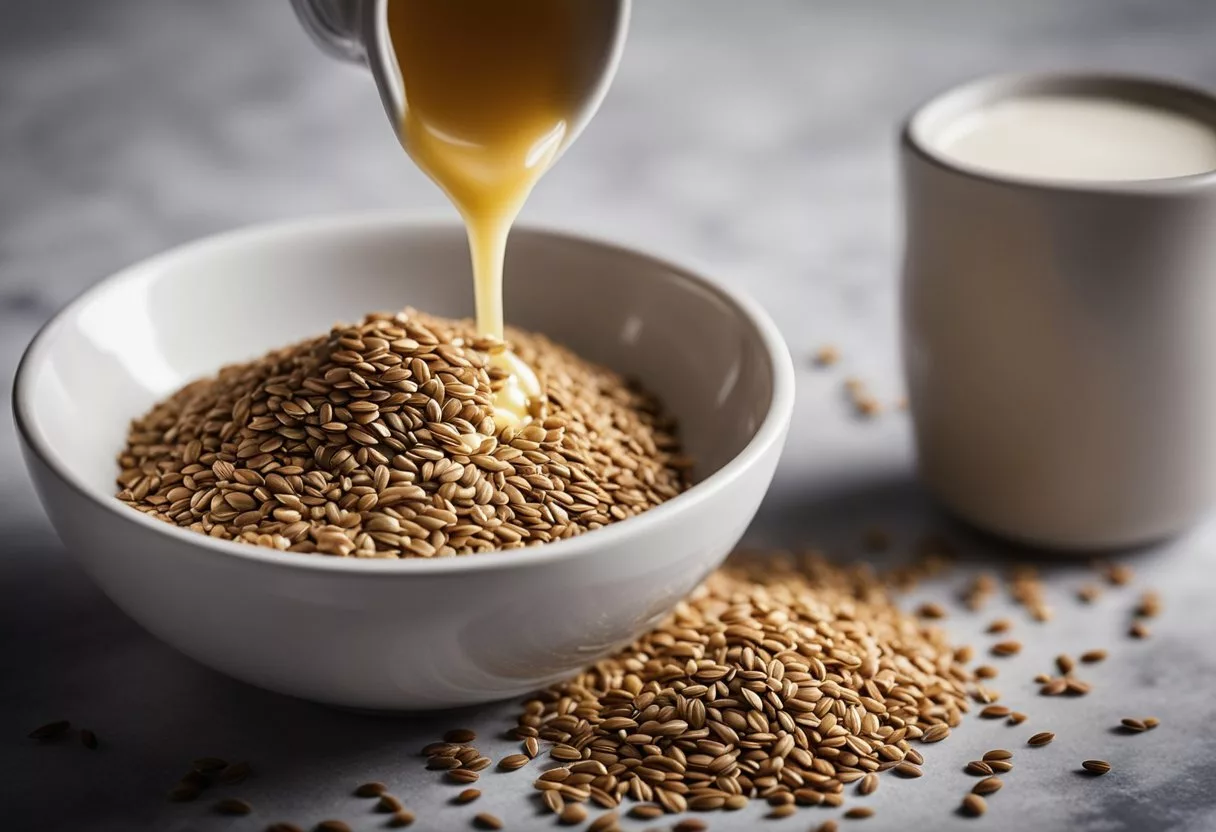 Flaxseed being poured into a bowl of yogurt. A spoonful of flaxseed being sprinkled onto a smoothie. A bag of flaxseed sitting on a kitchen counter