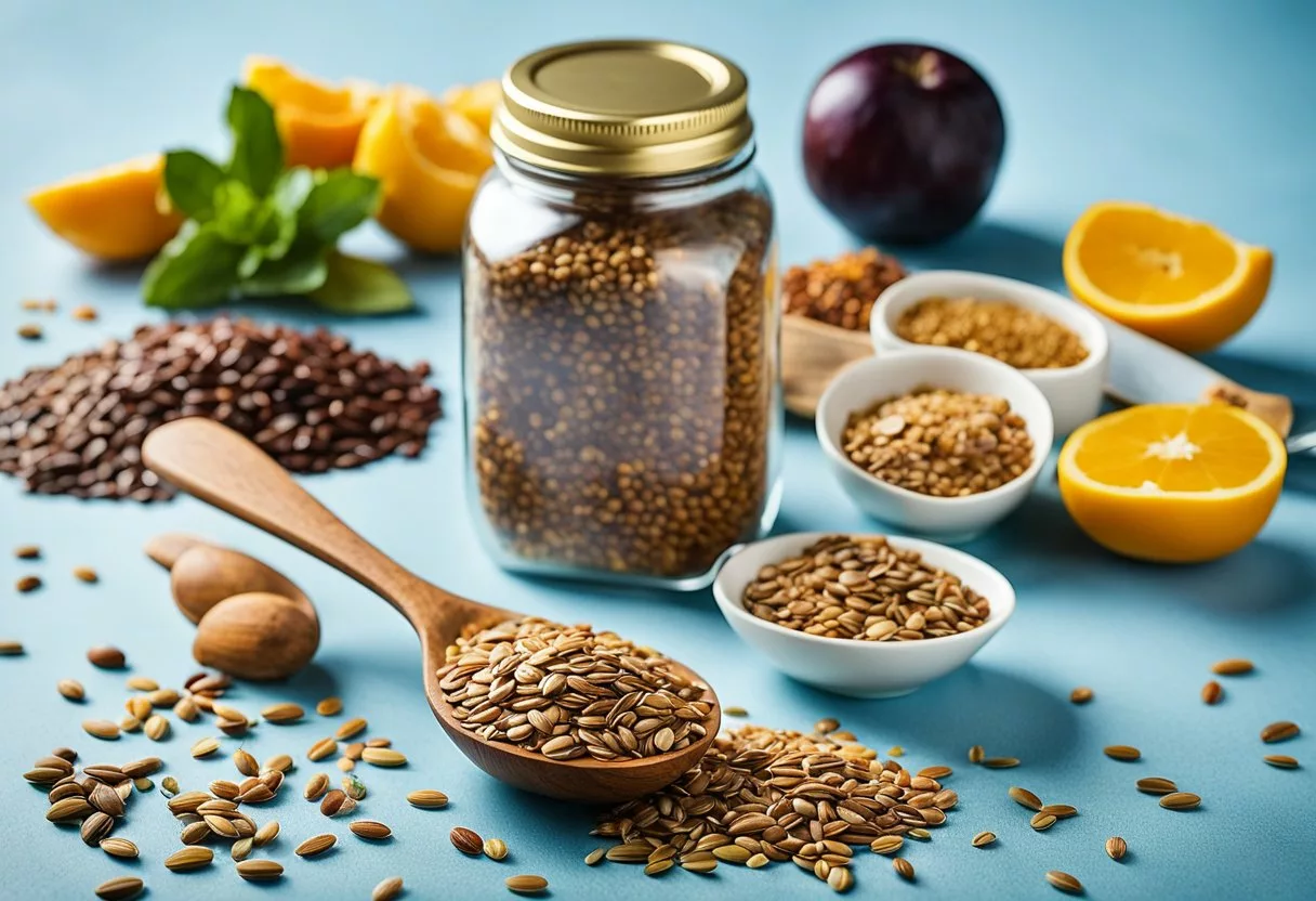 A pile of flaxseeds spills from a jar onto a table, surrounded by various fruits and vegetables. A measuring spoon sits next to the seeds, indicating daily consumption