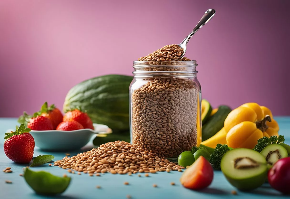 A jar of flaxseeds spills onto a colorful plate, surrounded by vibrant fruits and vegetables. A glowing halo of health and vitality emanates from the scene