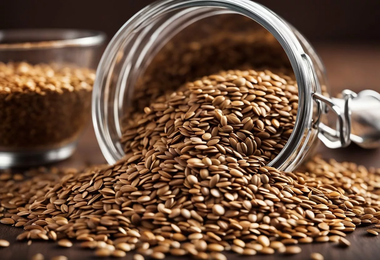 A pile of flaxseeds spills from a container onto a table. A spoon scoops up a daily portion, ready for consumption