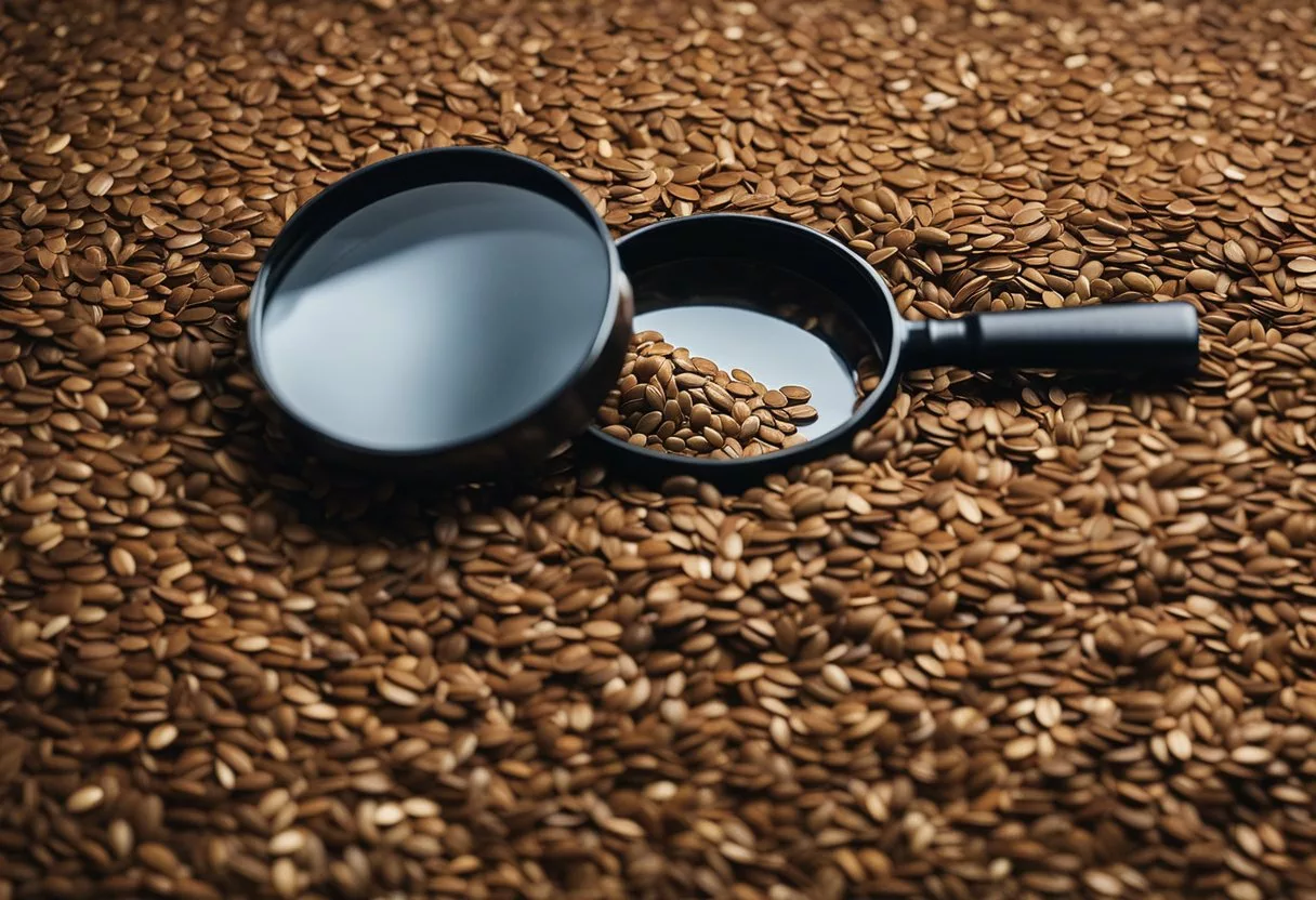 A pile of flaxseeds spills from a container, with a magnifying glass nearby to symbolize close examination of potential side effects and considerations