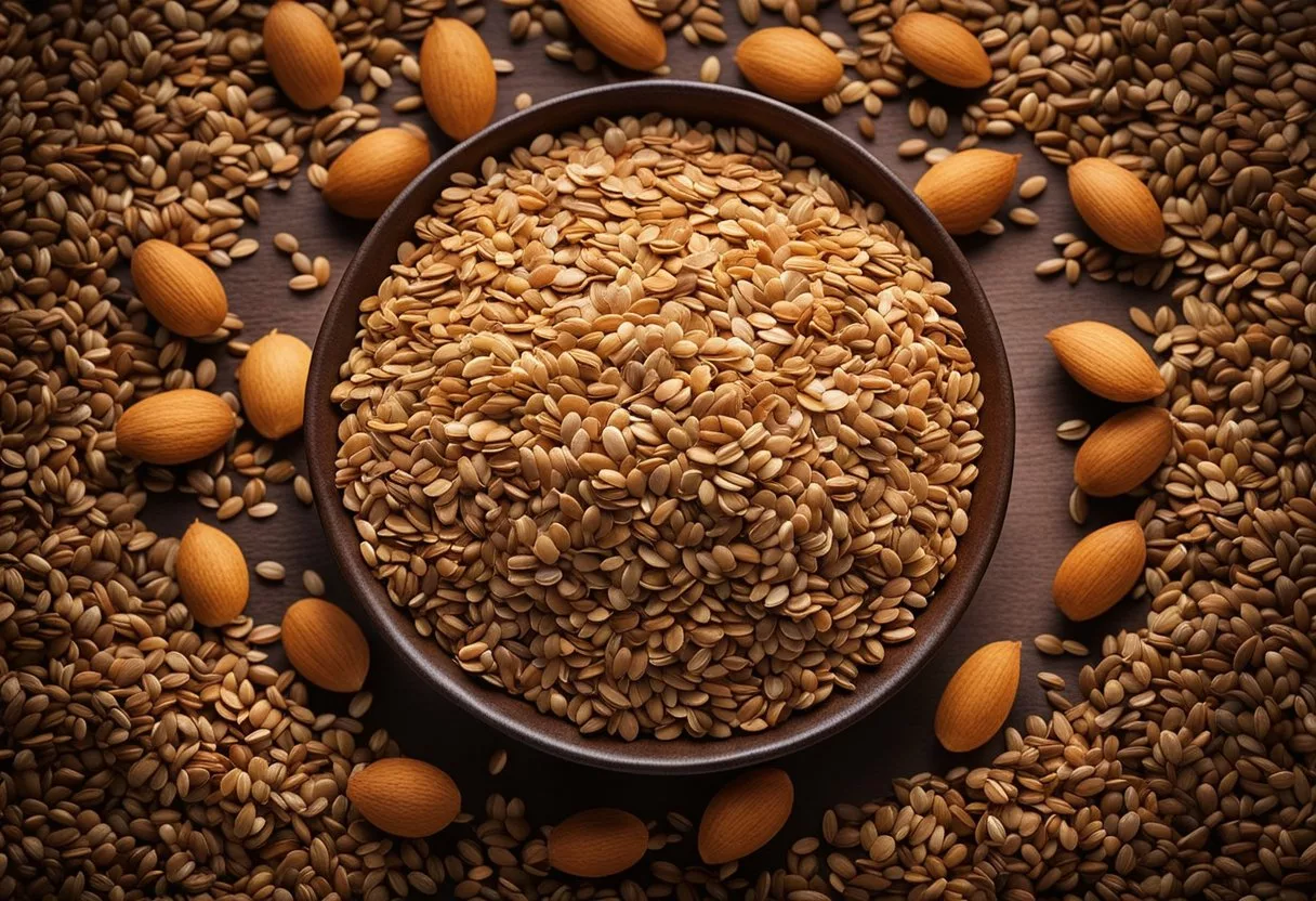 A pile of flaxseeds surrounded by various food items, with a glowing aura emanating from the seeds, indicating their positive impact on the body when consumed daily