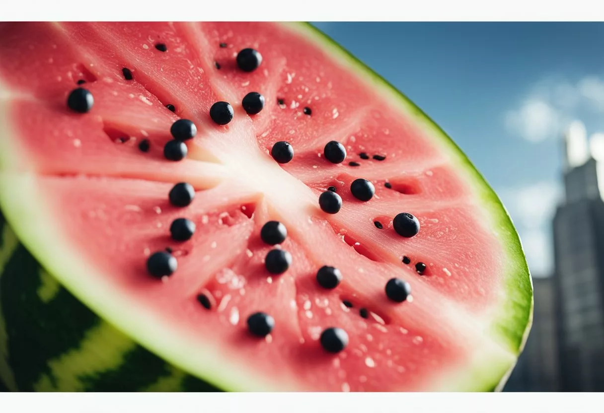 A watermelon slice hovers above a glowing body, with arrows pointing to a healthy heart, hydrated skin, and improved digestion