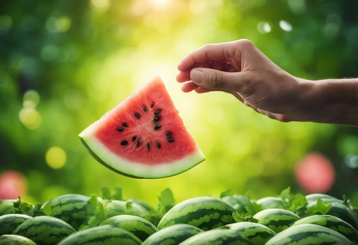 A watermelon slice hovers above a human silhouette, radiating health and vitality. Nutrient-rich juices flow through the body, rejuvenating cells and boosting energy