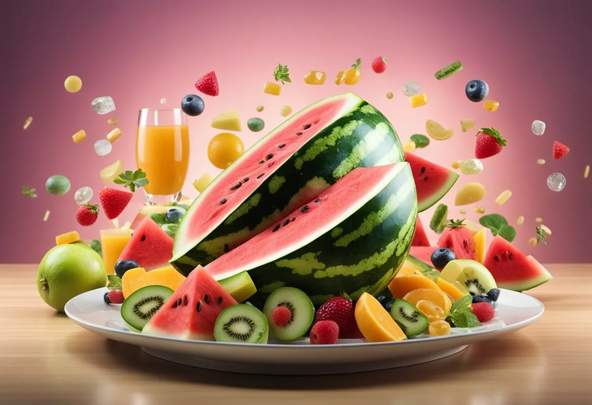 A watermelon slice sits on a plate, surrounded by various vitamins and minerals floating in the air. The fruit is glowing with energy, while a healthy body stands in the background, radiating vitality