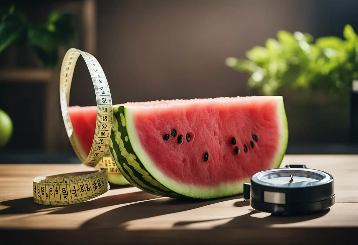 A watermelon sits on a table, surrounded by a tape measure and a scale. A person's shadow looms in the background, suggesting the impact of daily consumption on physical activity and weight management