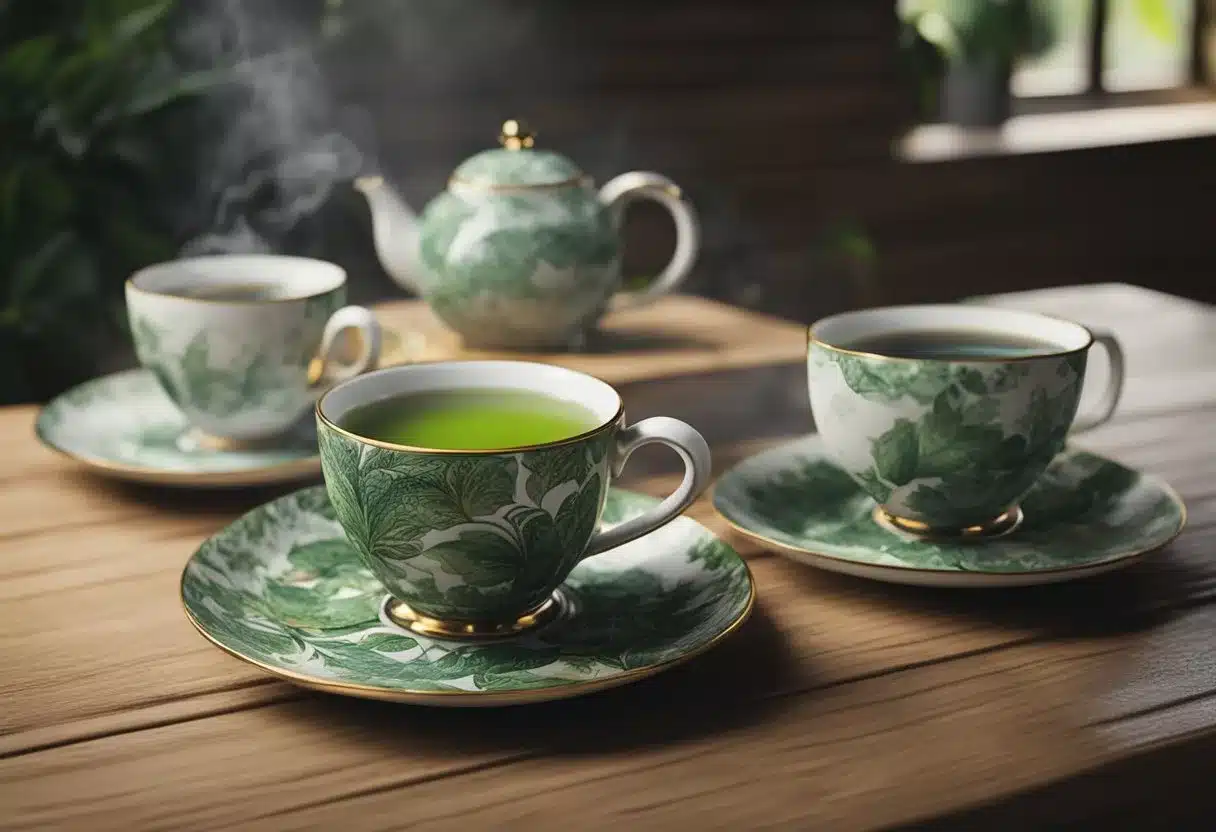 Three teacups with black, green, and white tea steaming on a wooden table, surrounded by fresh tea leaves and a teapot