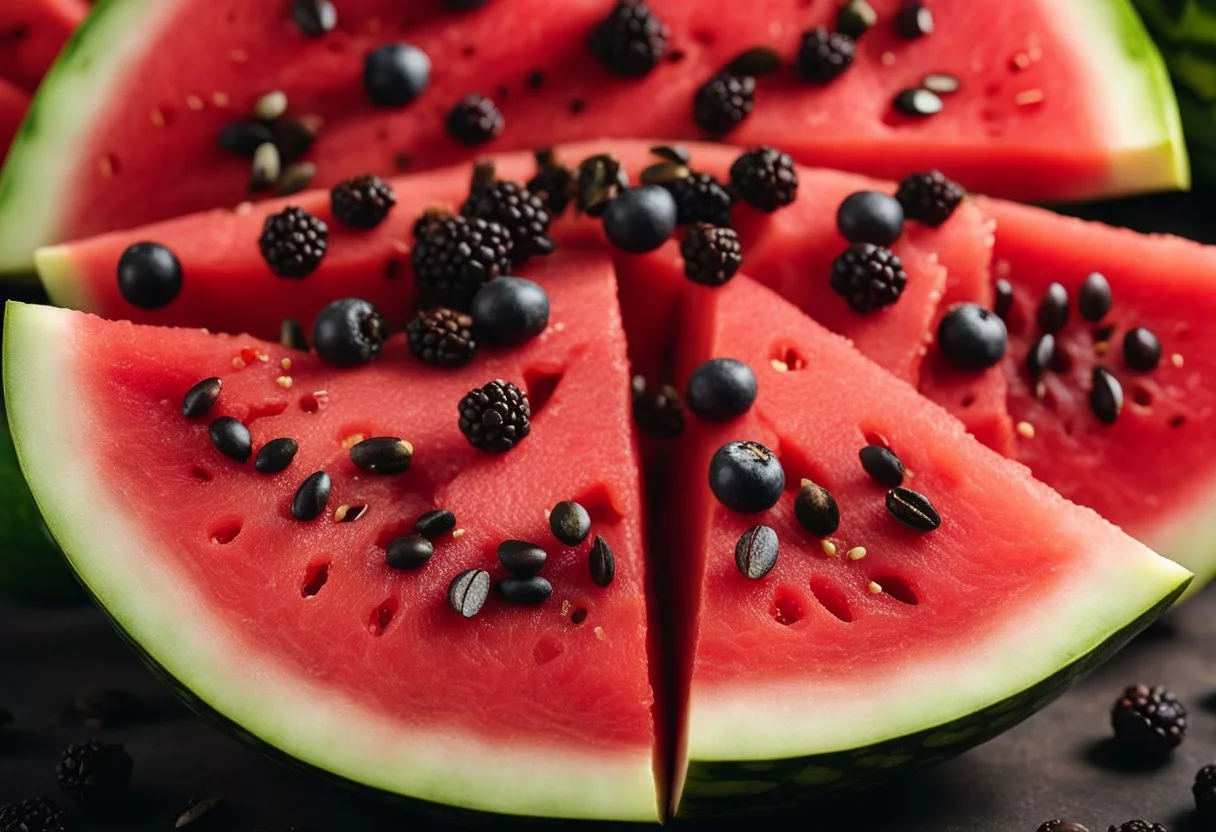 A watermelon sliced open, revealing its vibrant red flesh and black seeds, surrounded by a variety of fruits and vegetables