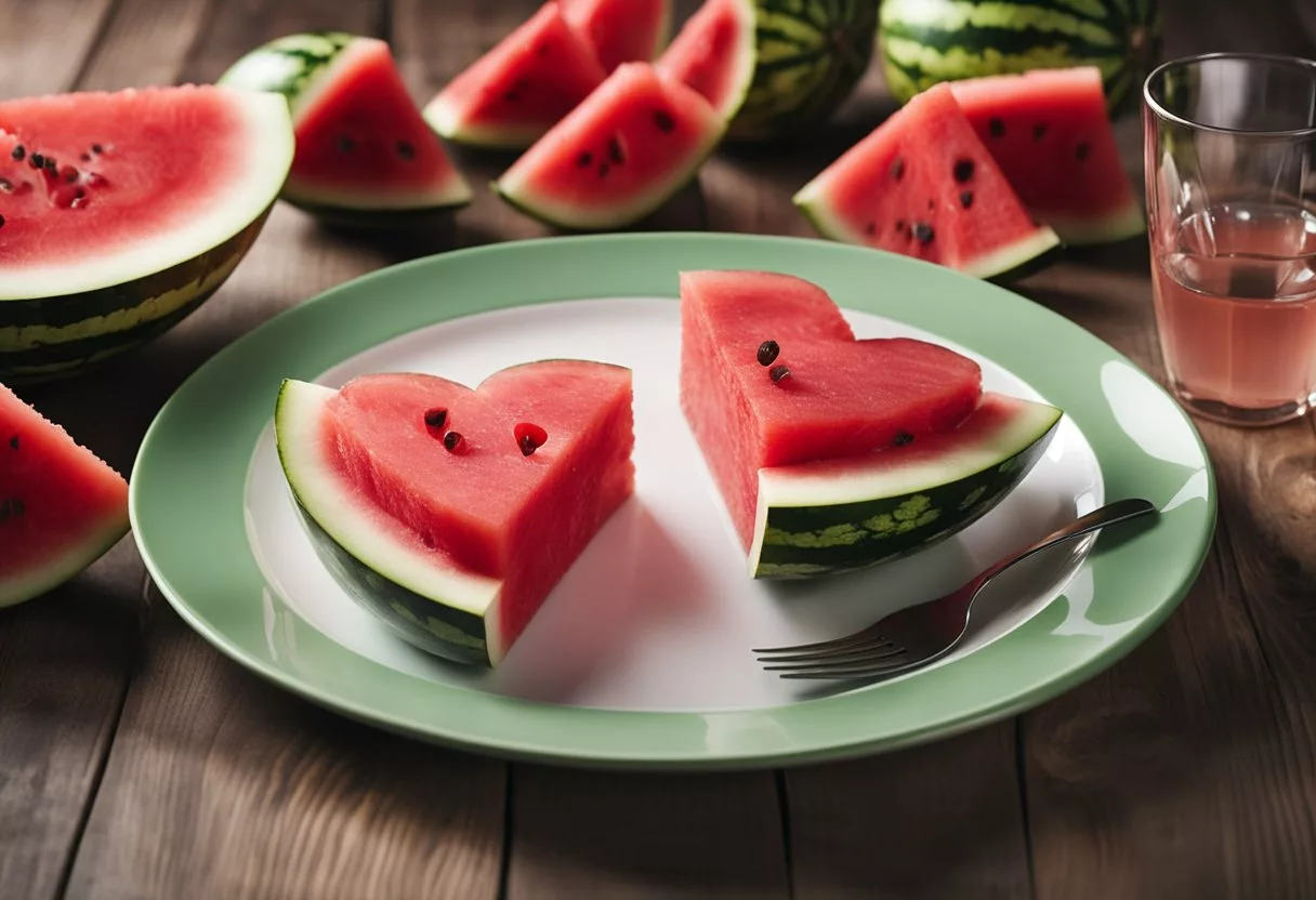 A watermelon slice sits on a plate, with a heart and a water droplet symbolizing improved heart health and hydration