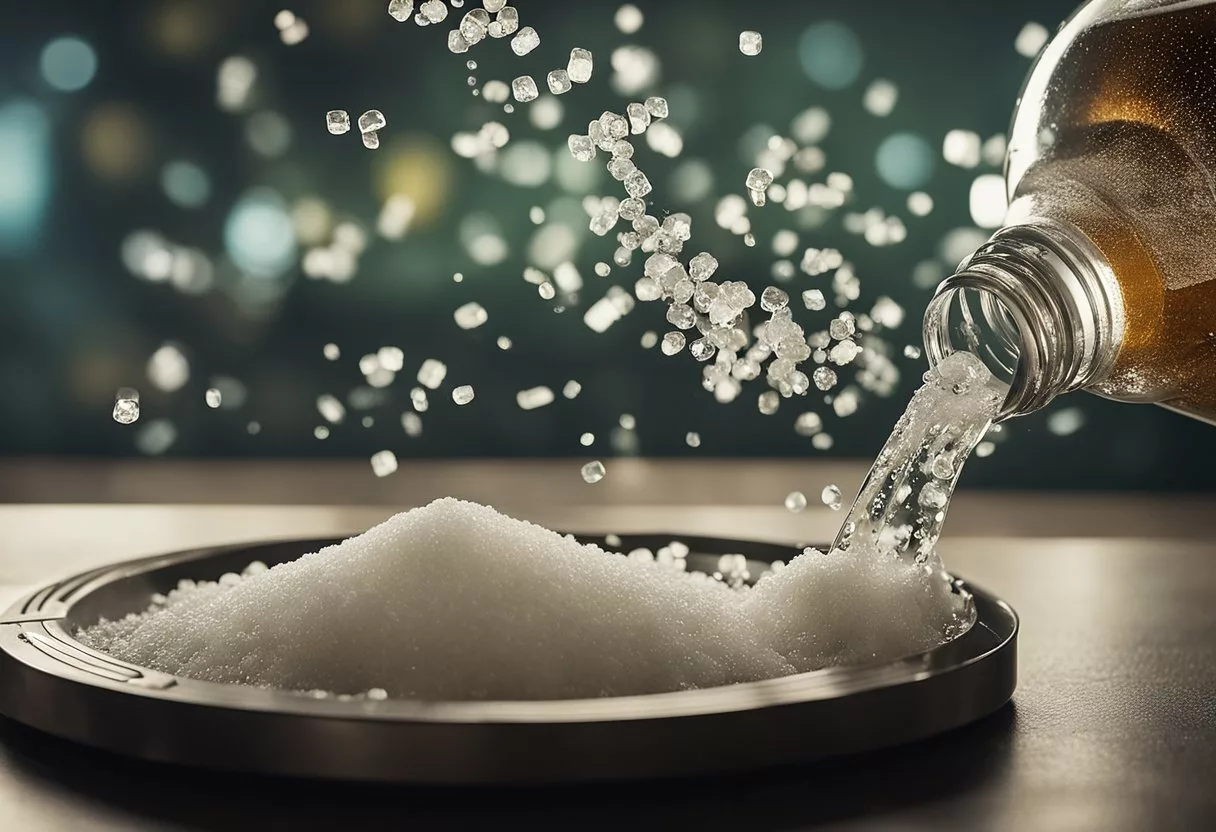 A soda bottle overflowing with sugar, spilling onto a scale, causing it to tip and crack under the weight