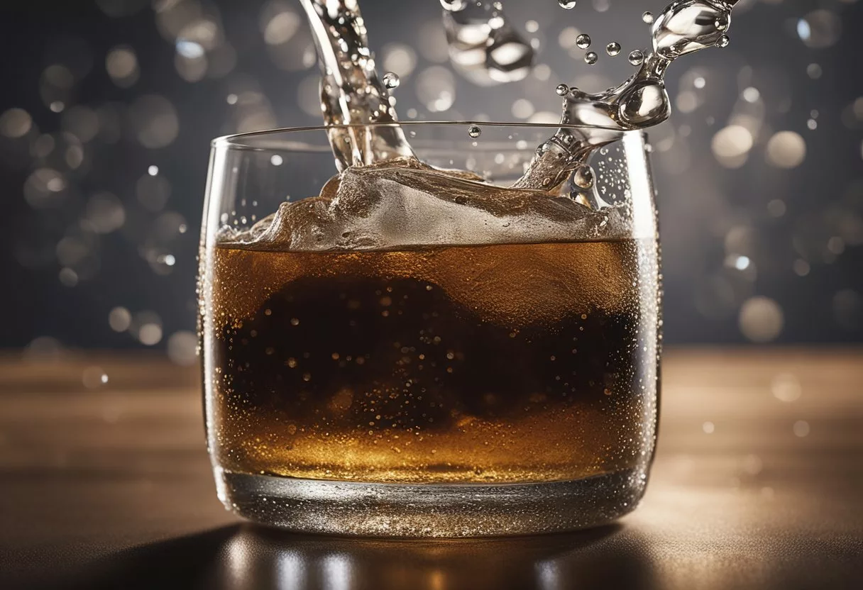 A can of soda pouring into a glass, causing bubbles and fizz. The liquid appears dark and sugary