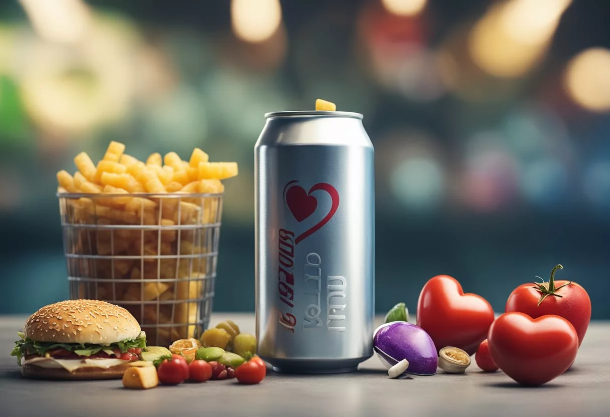 A soda can sits next to a heart, surrounded by unhealthy foods. Blood vessels show signs of damage, while a scale displays weight gain