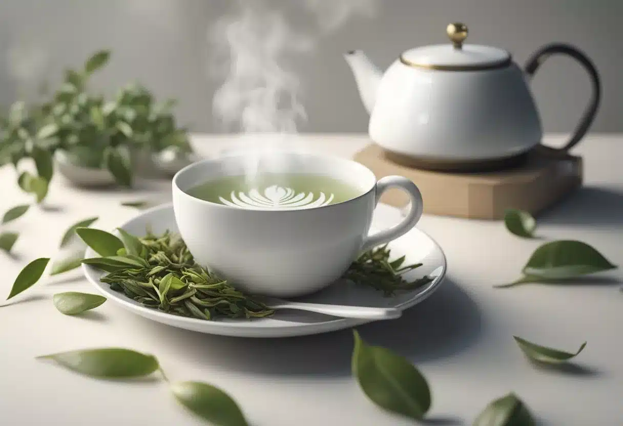 A serene white teacup surrounded by delicate white tea leaves, with a steaming kettle in the background