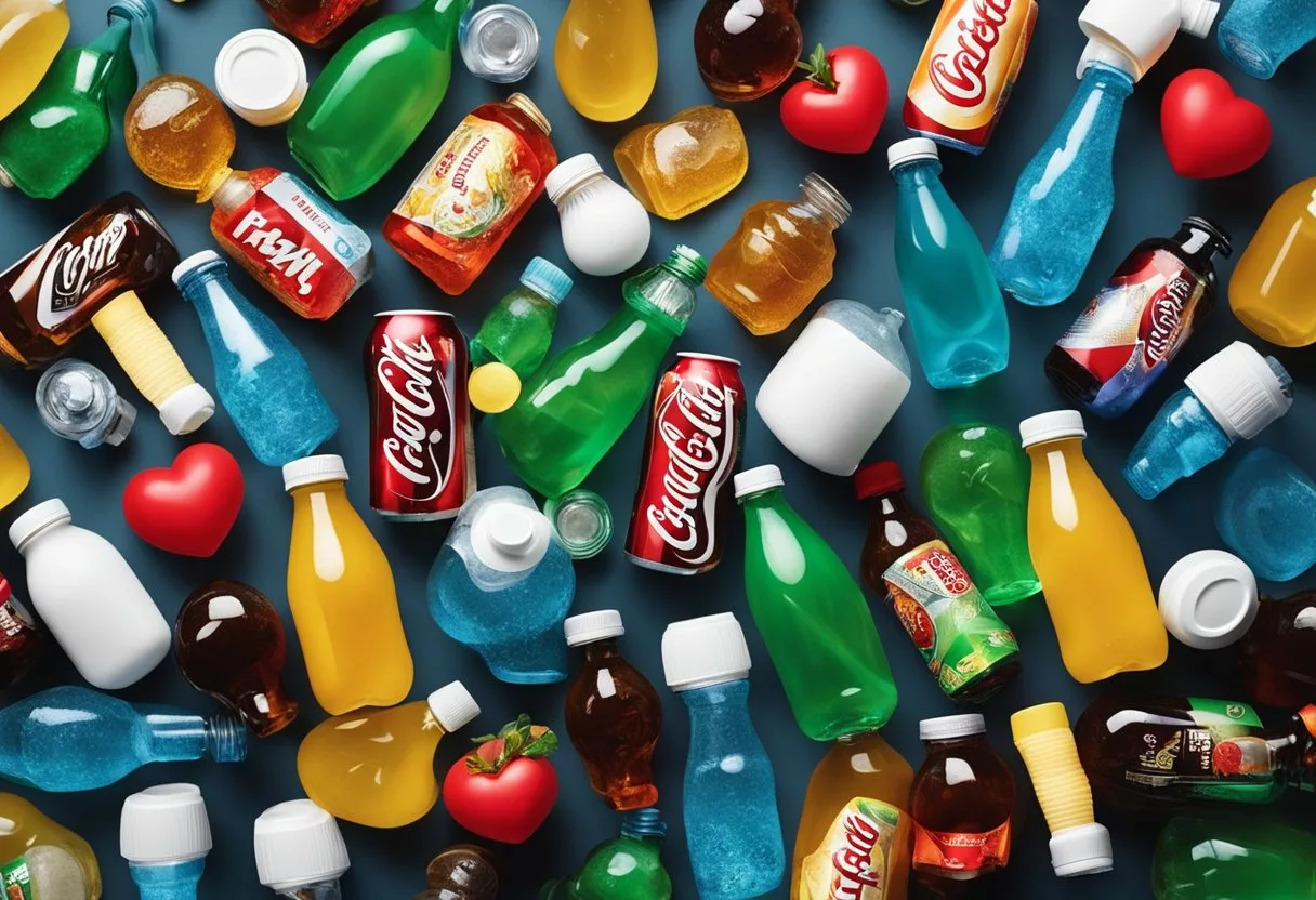 The scene shows a soda bottle surrounded by various health risk symbols, including heart disease, obesity, and tooth decay