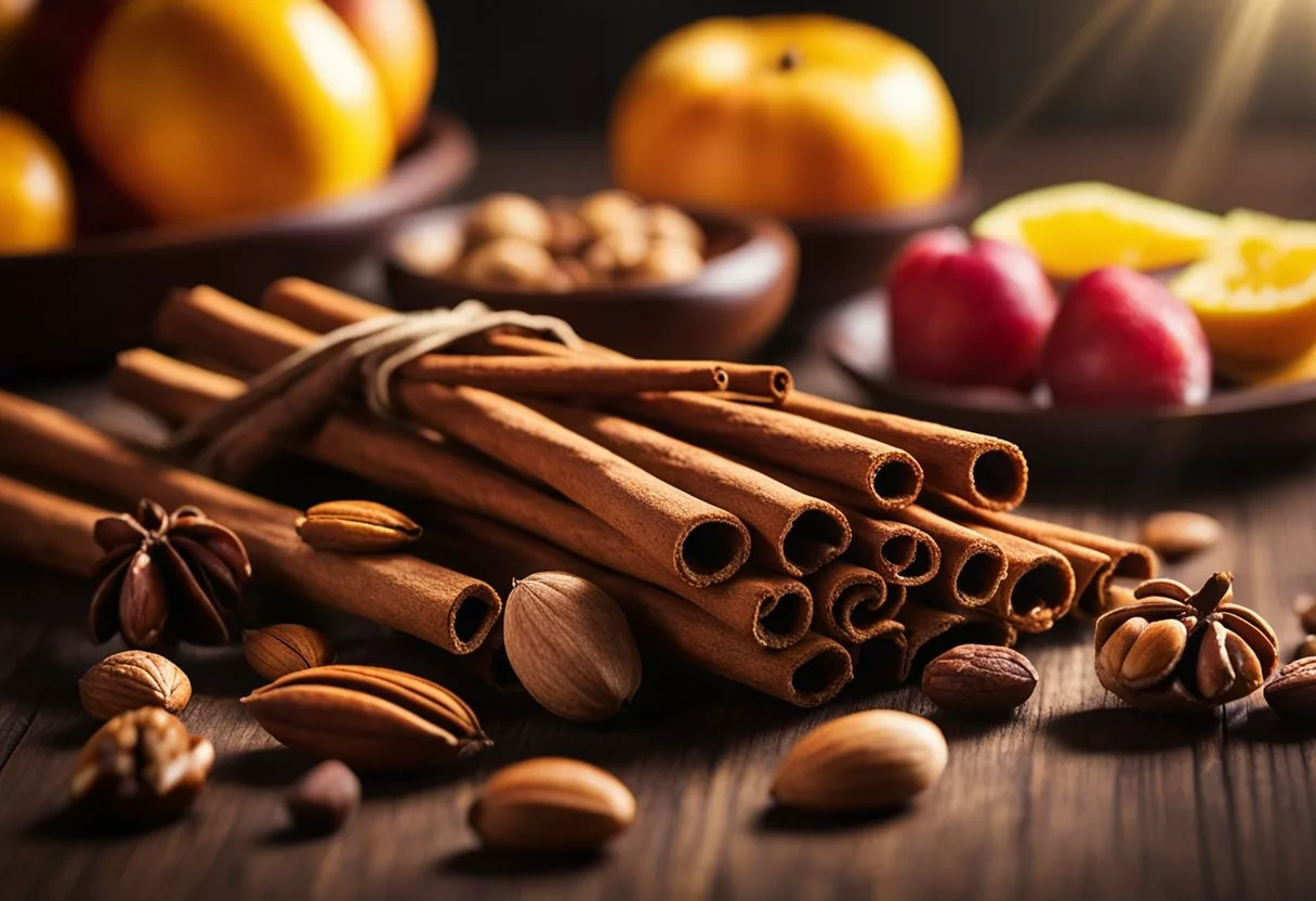 A cinnamon stick surrounded by various fruits and nuts, with rays of light shining down on it, symbolizing the health benefits and positive effects on the body from consuming cinnamon daily