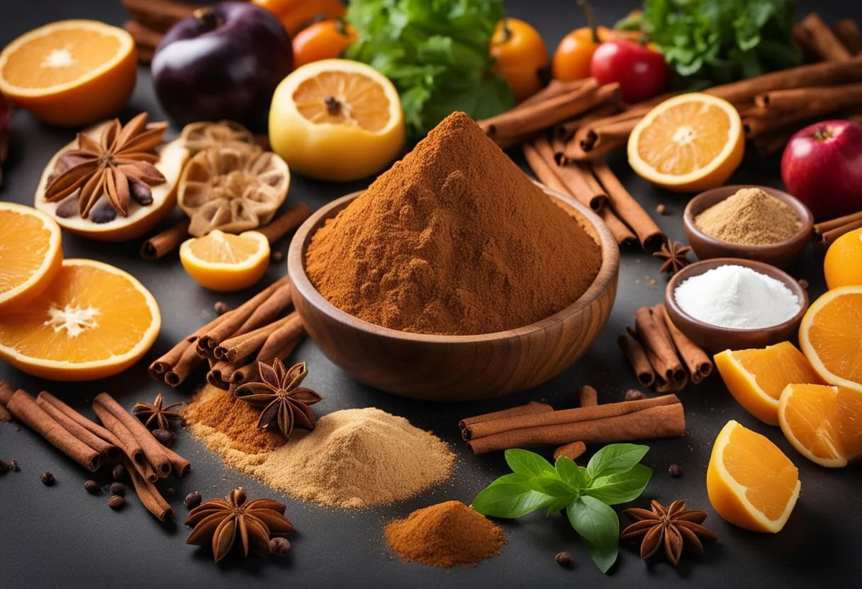 A pile of cinnamon sticks and powder surrounded by various fruits and vegetables, with a question mark hovering above them