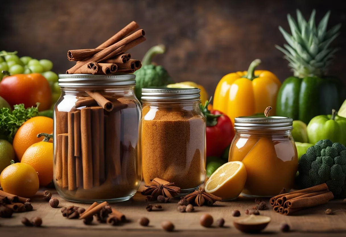 A jar of cinnamon surrounded by various fruits and vegetables, with a glowing aura emanating from it