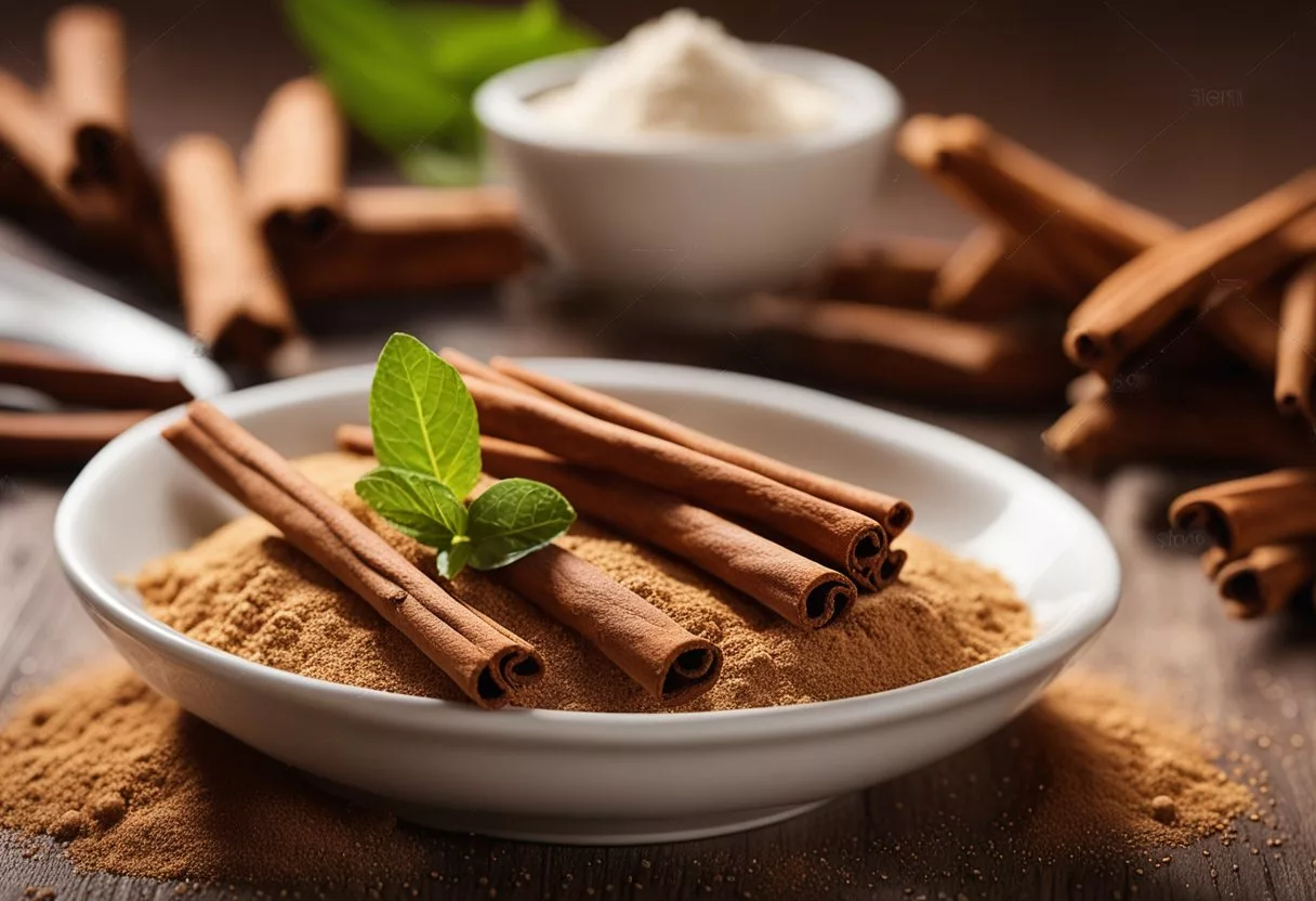 Cinnamon sticks and powder surround a daily meal, with a body silhouette in the background showing internal changes