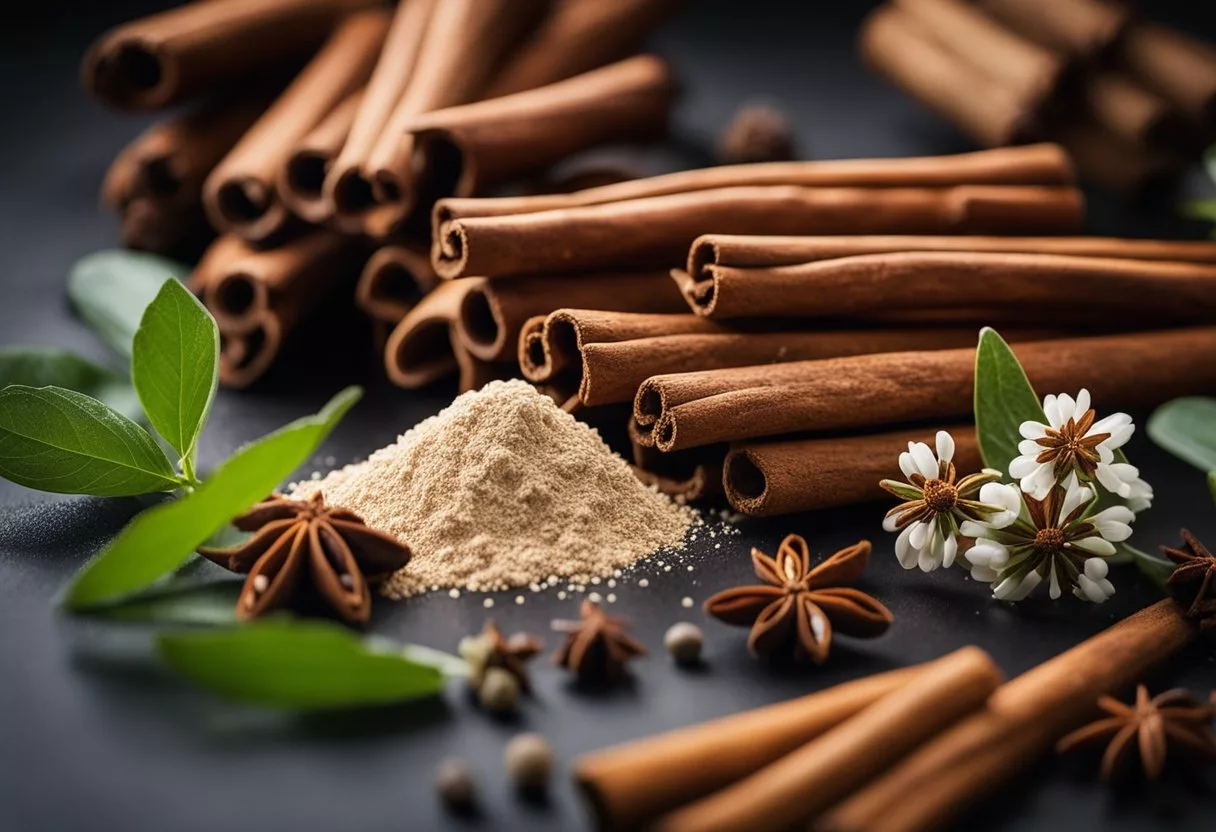 Cinnamon sticks and powder surrounded by medicinal herbs and modern medicine bottles