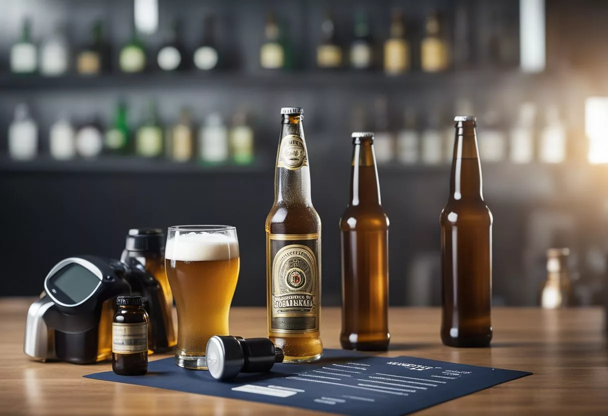 A beer bottle sits on a table, surrounded by empty bottles. A scale shows increasing weight, while a chart displays rising blood pressure and liver damage