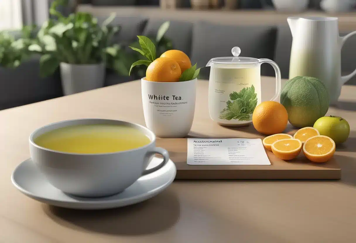 A cup of white tea sits on a table, surrounded by various fruits and vegetables. A nutritional label and antioxidant chart are displayed next to the tea, highlighting its benefits