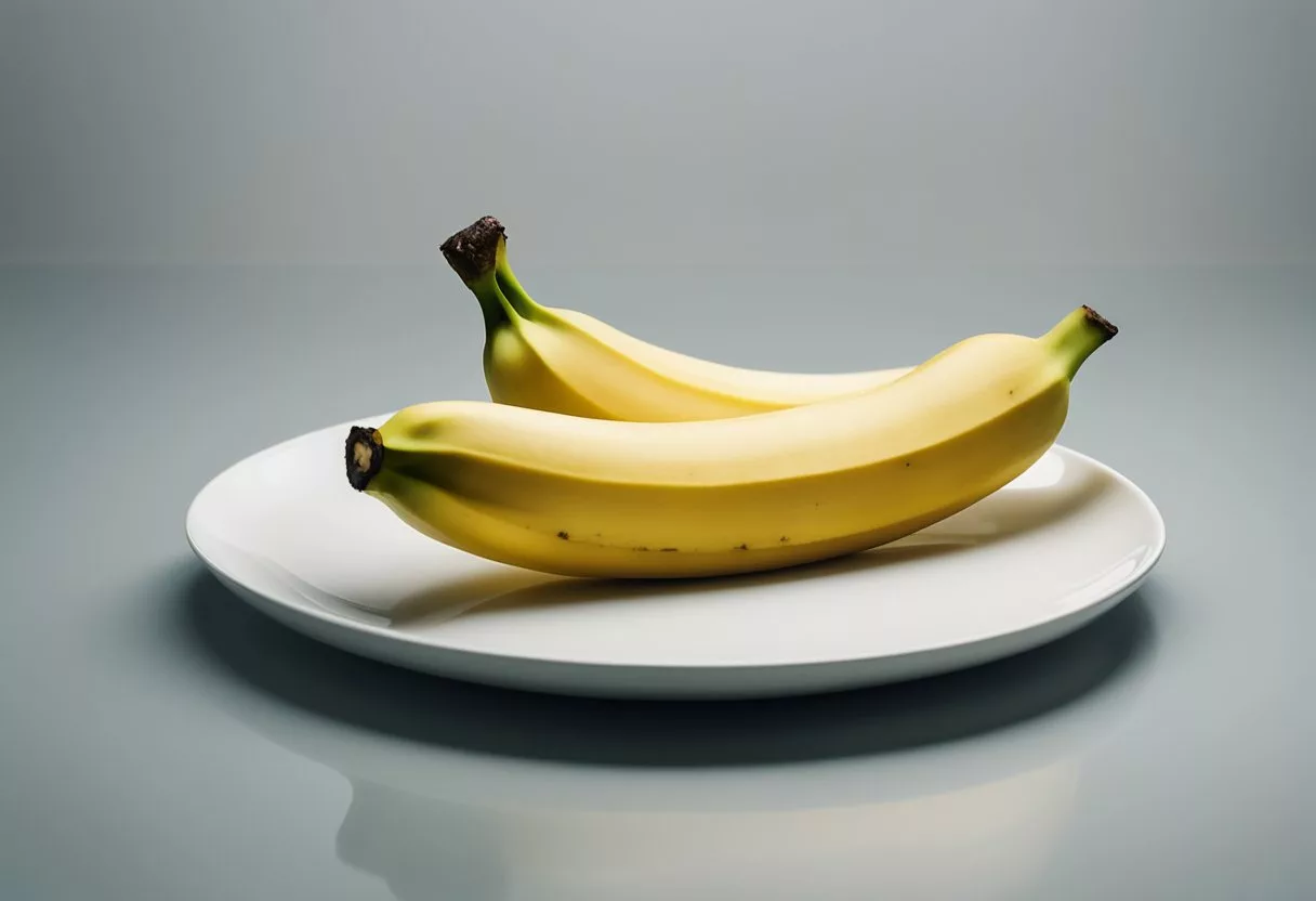 A banana sits on a clean white plate, surrounded by scattered peel. A bright, natural light illuminates the scene, casting a soft shadow beneath the fruit